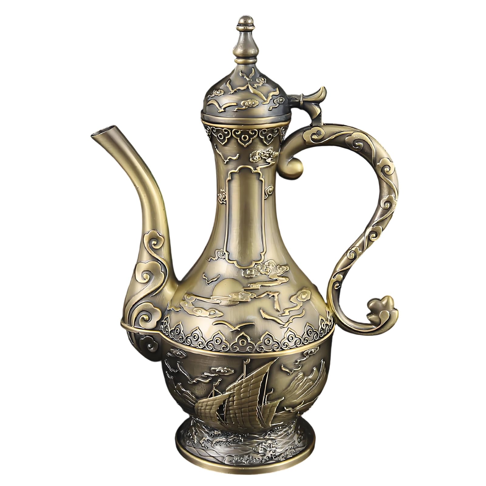 Ornate Zinc Alloy Wine Pots and Glasses Goblet Cups, Vintage Engraved Metal Serving Vessel for Home Entertaining Display and Banquet Decor Ceremonial Drinkware Pitcher Ornate Wine Pots Vintage Home