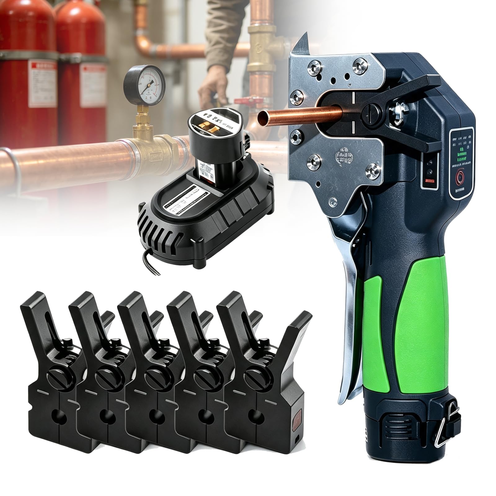 Kit Abocardador Eléctrico Inalámbrico Profesional, Expansor de Cono Excéntrico 45 Grados con Batería 2200mAh para Tubos de Cobre 5fixtures