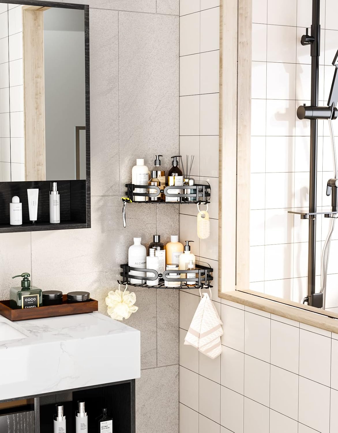 HapiRm 2 Pack Corner Shower Caddy with 4 Removable Hooks, No Drilling Shower Organizer Corner with Adhesives, Stainless Steel Shower Shelf for Bathroom, Kitchen and Bedroom-Black