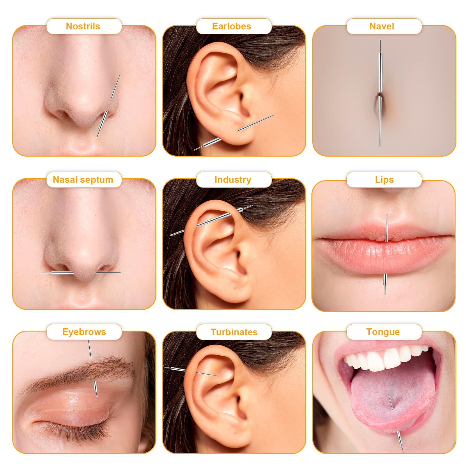 9 PCS Piercing set Piercing Taper Insertion Chirurgenstahl 14G 16G 18G, Piercing Nadeln für Ohr/Nase/Lippe/Zunge/Nippel/Bauchnabel/Piercing Zubehör für Anfänger und Profis, Piercing einführhilfe