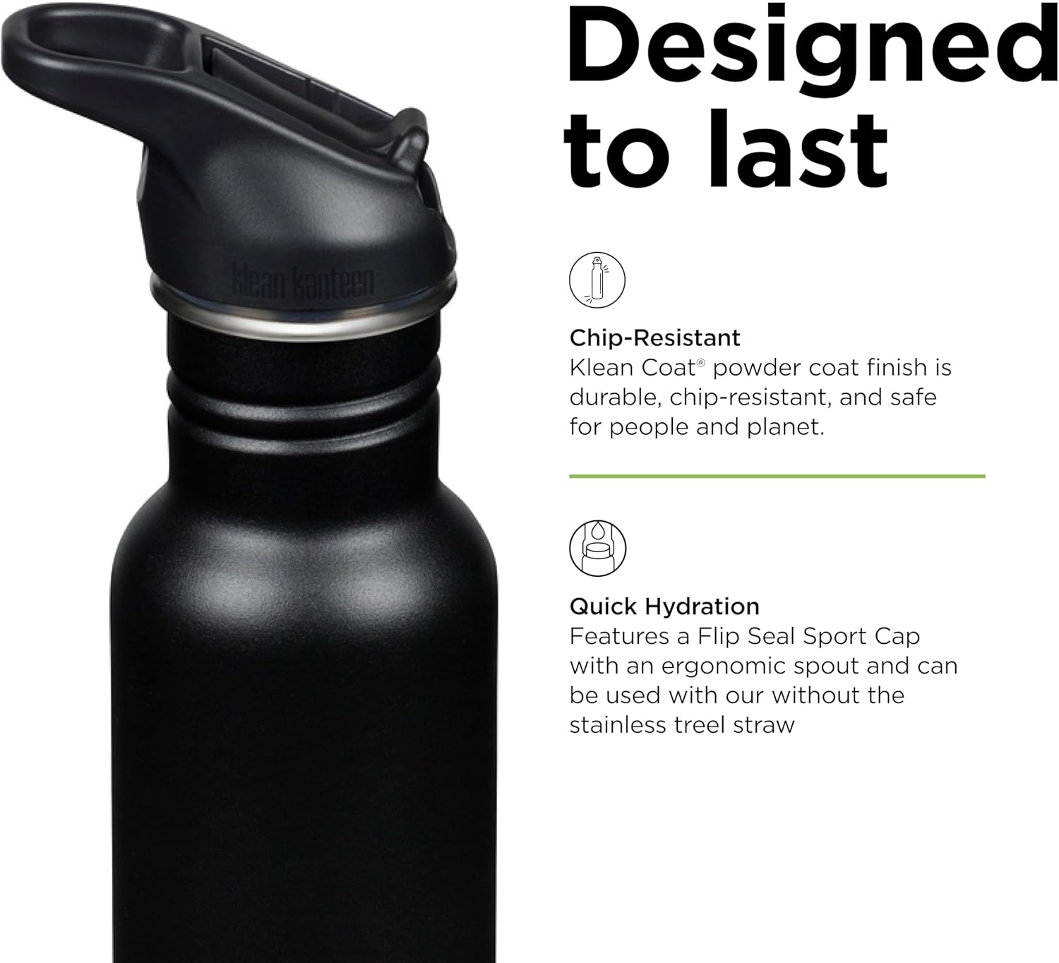 Klean Kanteen 18 oz Classic Water Bottle with Flip Seal Sport Cap & Straw - 100% Leakproof Spout & Cap - Durable, BPA-Free & Stainless Steel Material - Easy-Sip Water Bottle - Black - Image 4