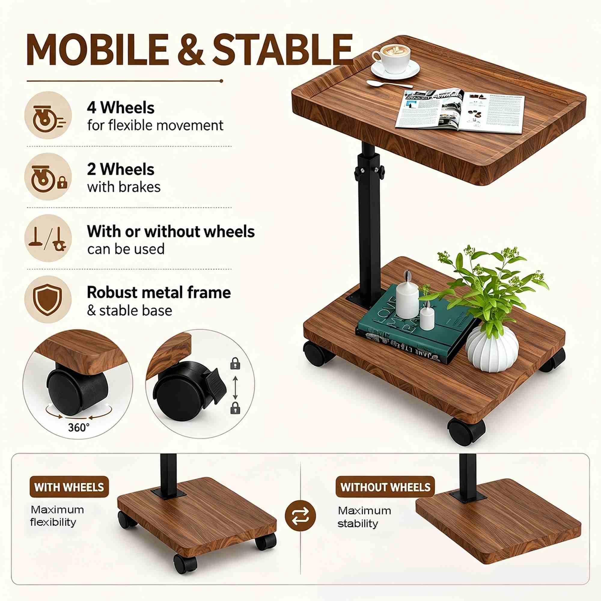 Tavolino da Divano - Tavolino Divano Rotazione 360° e con Ruote - Tavolini da Divano Regolabile Altezza (45-80CM) - Tavolino a Forma di C da Divano e Letto per Soggiorno e Camera da Letto