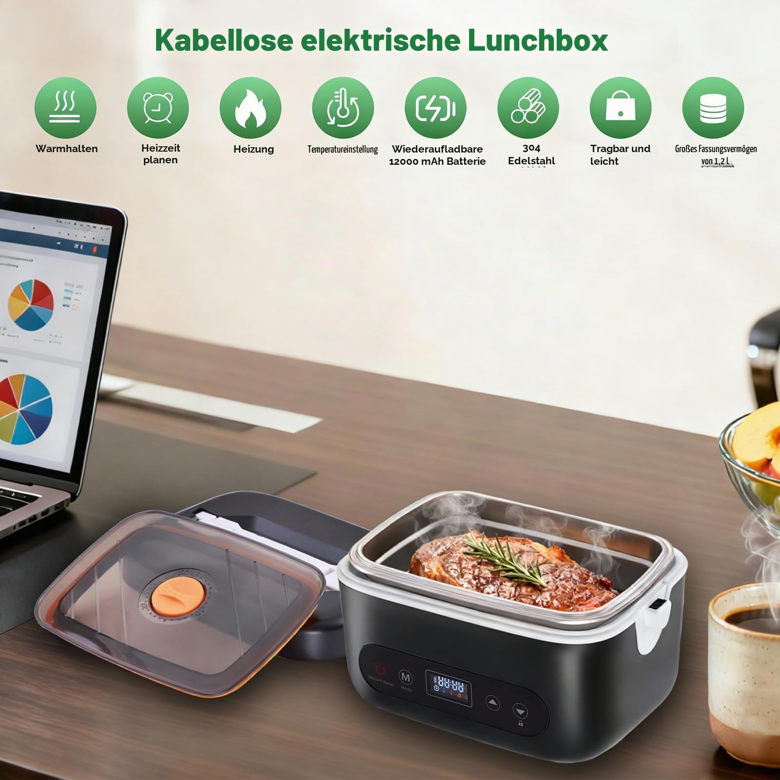 Kabellose Elektrische Lunchbox, Batteriebetriebene Beheizte Lunchbox für Erwachsene Tragbarer Speisenwärmer aus Edelstahl mit Geschirr und Isoliertasche für Auto Arbeit Reisen (1,2L)