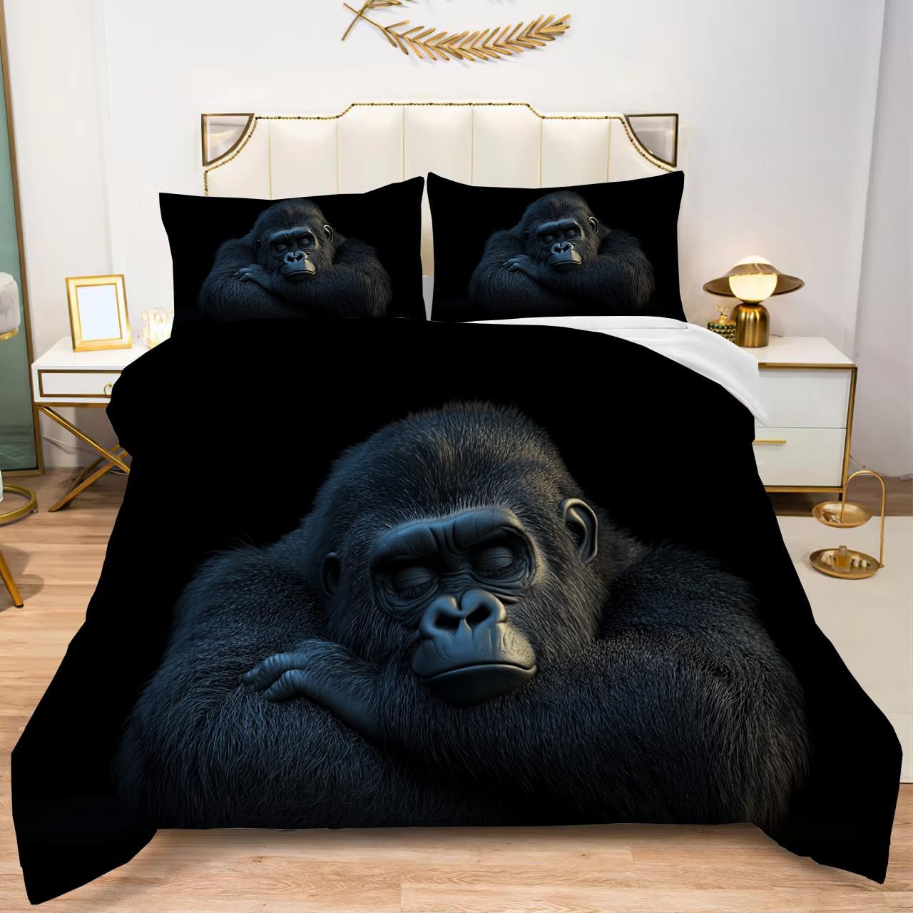 Albideyaa Cute Black Gorilla Pattern Comforter Set for Kids Adult Queen Size Wildlife Animal Theme 3D Gorilla Bedding Set Fashion Soft Boys Girls Teens Bedroom Quilt Set with 2Pillowcases