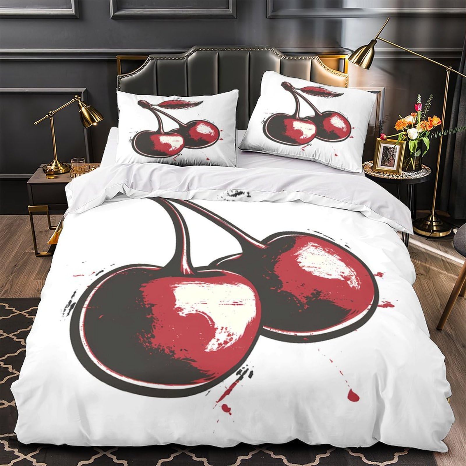 MMDASBVPE Cherry Duo Comforter Cover 3D Print Hotel Quality 3-Piece Bed Set Hidden Zipper Vintage Illustration Duvet Cover Extra Soft Durable for Adults Women Kids Girls Boys Teens Single（135x200cm）