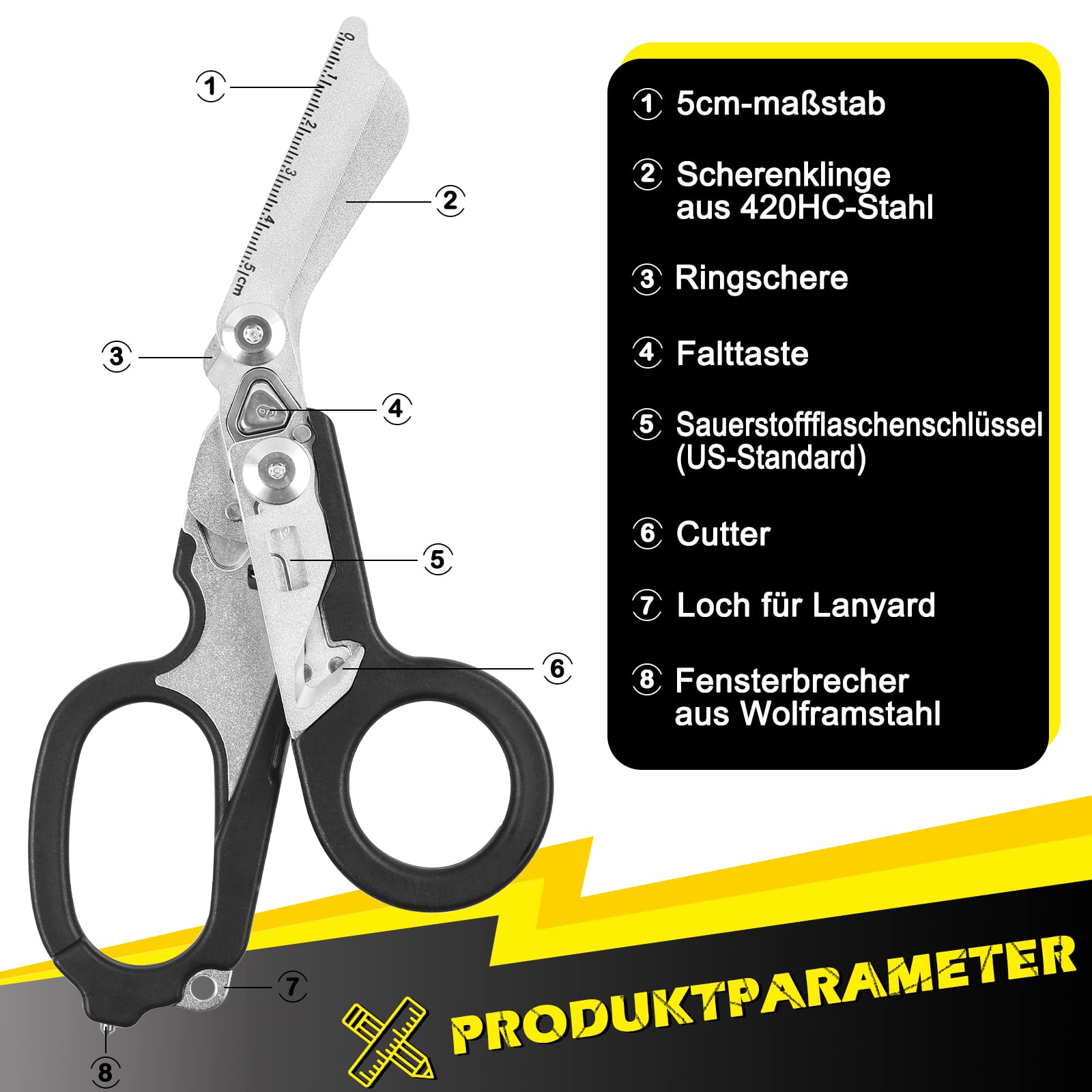 SQT Mini Rettungsschere 9-in-1 – Mit Glasbrecher, Hakenmesser, Skalpellhalter – Nur 8 Cm, Perfekt Für Auto, Outdoor, Erste Hilfe