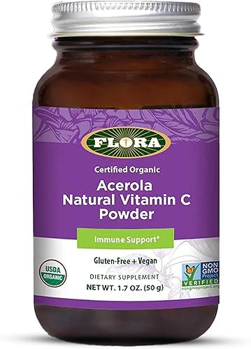 Flora - Polvo de acerola, refuerzo inmunológico diario con vitamina C, sin gluten y vitamina C vegana, polvo antioxidante, 1.7 onzas. Botella de
