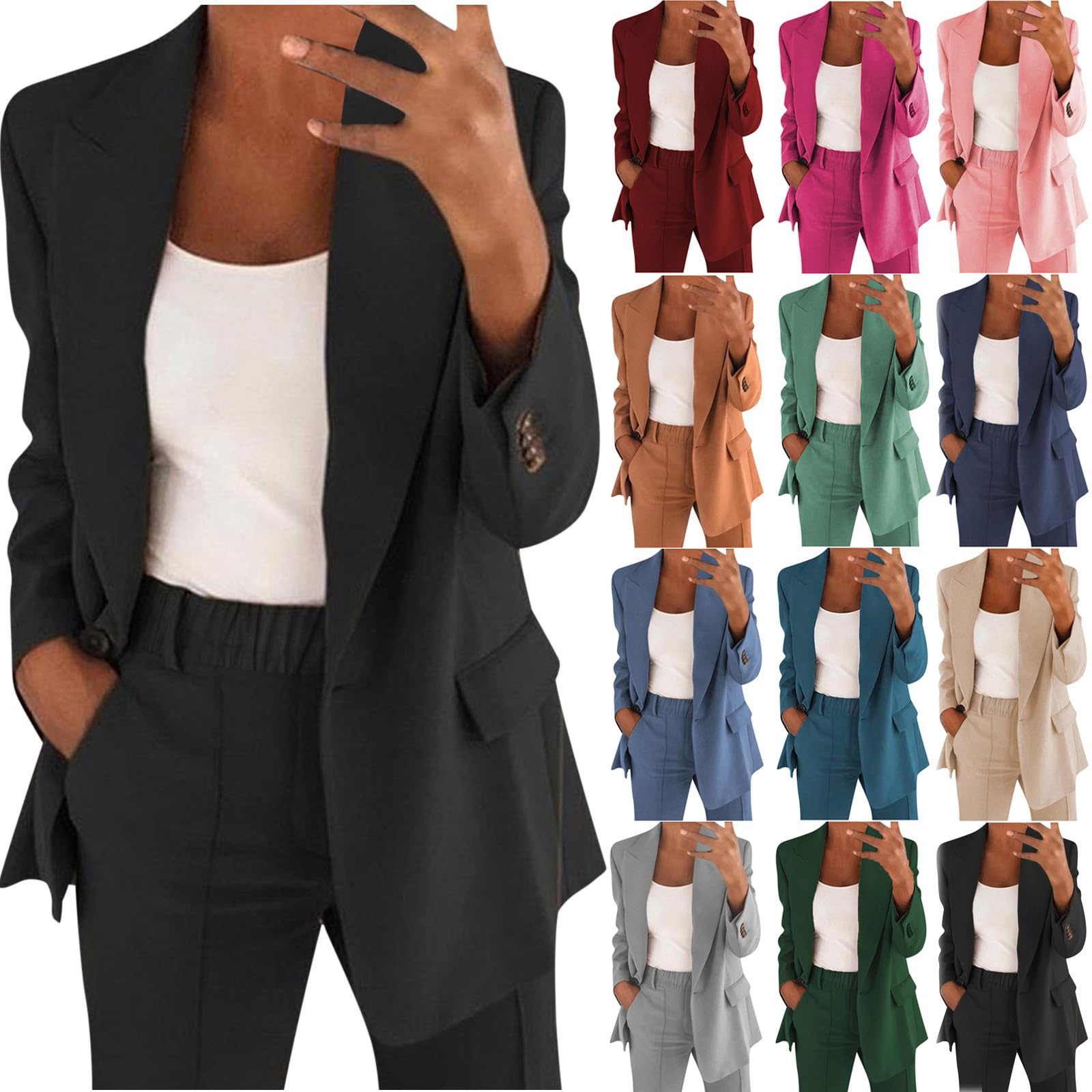 AACH Ensemble blazer élégant pour femme - Couleur unie - 2 pièces - Pantalon d'affaires moderne - Coupe ajustée - Tenue sportive - Tenue de bureau - Veste de costume d'été - Combinaison de loisirs
