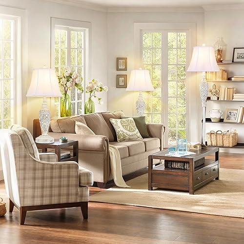 Miniatura 7 de Paquete de 2 lámparas de mesa vintage de 26.8 pulgadas con dos puertos de carga USB y salida de CA, juego de 2 lámparas de noche blancas