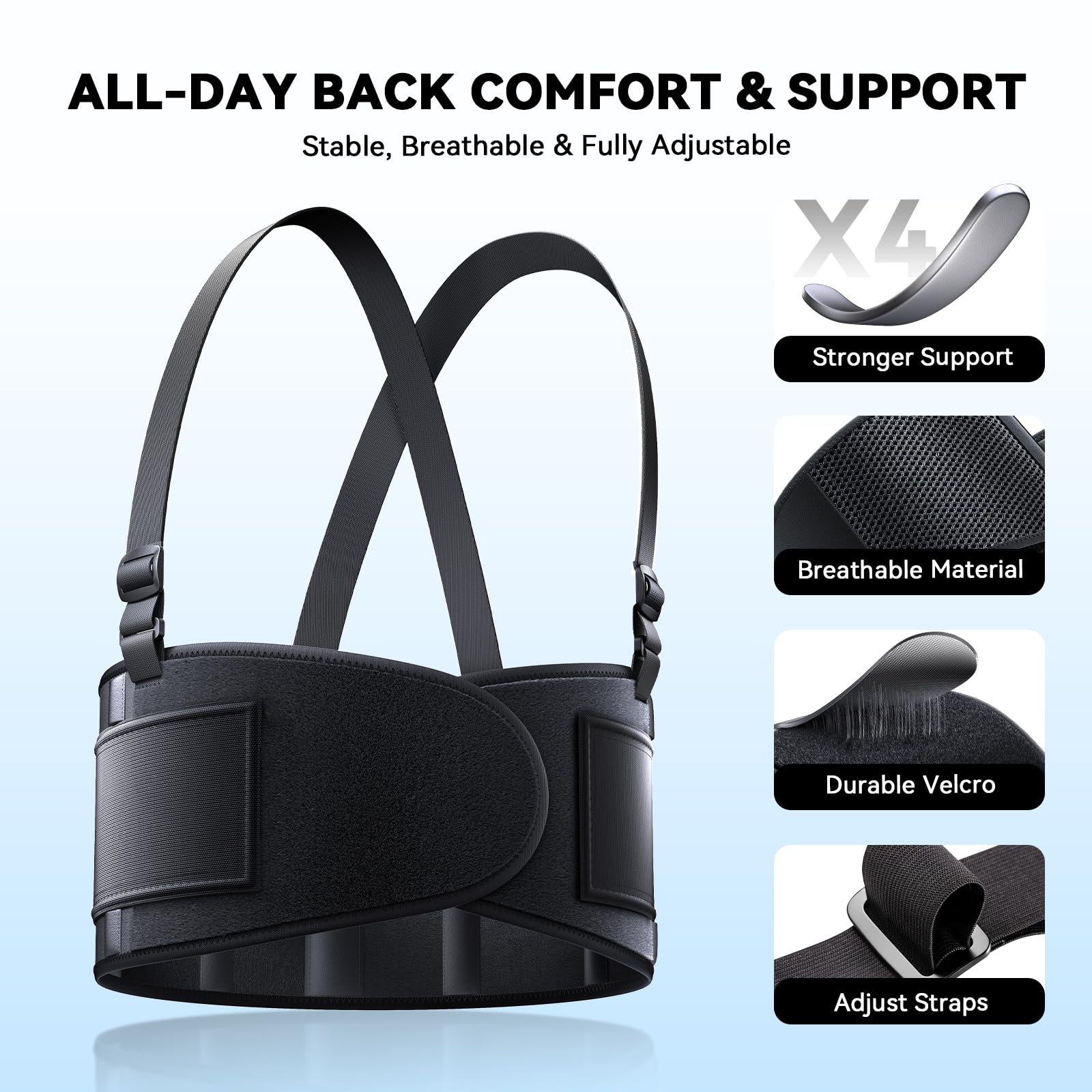 Soporte de espalda ajustable para hombres y mujeres, cinturón de apoyo ajustable para la espalda baja con tirantes para aliviar el dolor de espalda, mudanzas, construcción, almacén, seguridad