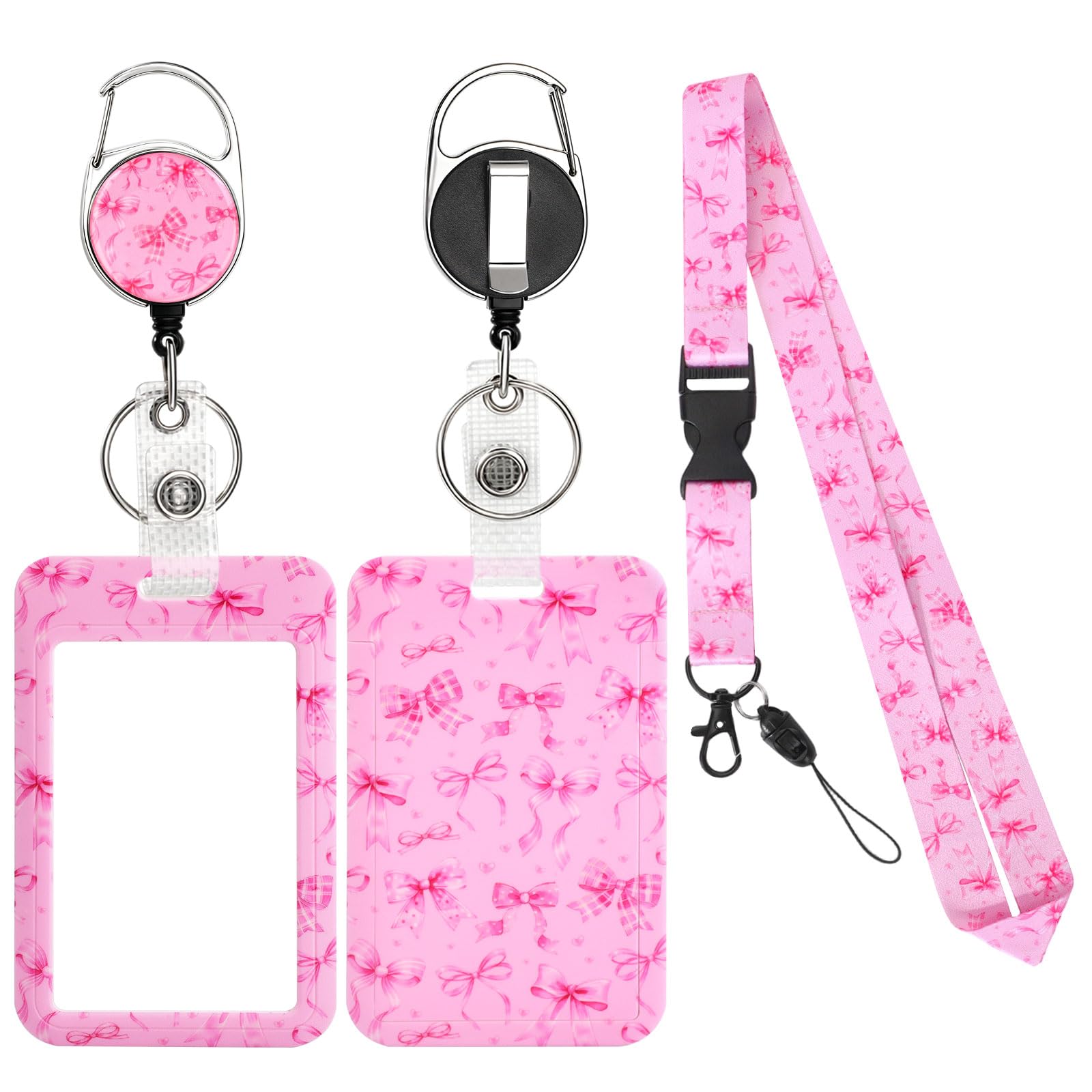 Lanyard with Card Holder, Pink Bowknot Pattern ID Badge Holder Retractable Badge Reel, ID Card Protector Cute Breakaway Lanyard for Women Kids Teacher Student Nurse