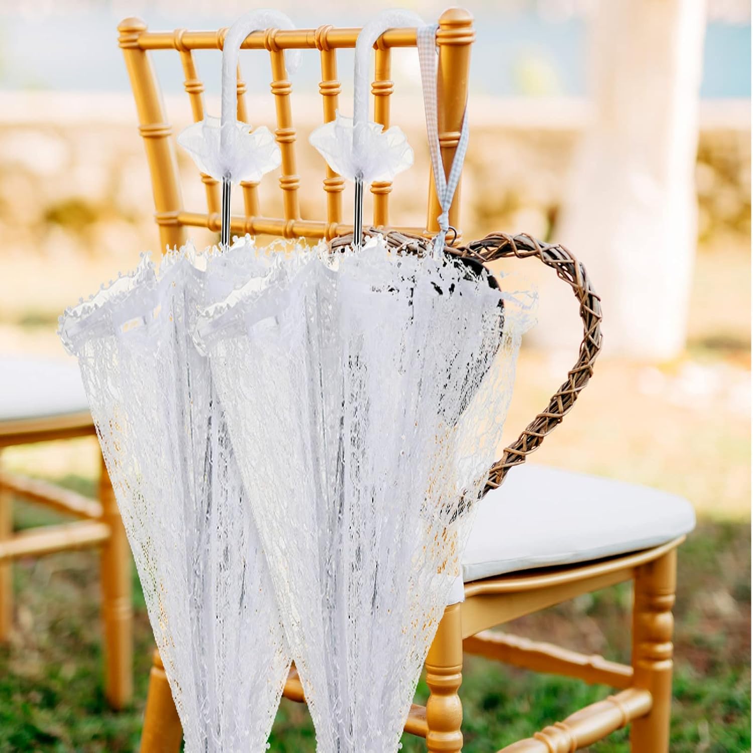 Amylove 12 Pack White Lace Parasol Umbrella Bulk Wedding Umbrella for Bridesmaids and Bridal Flower Photo Prop Vintage Decoration Lady Costume 1920s Party and Tea Party