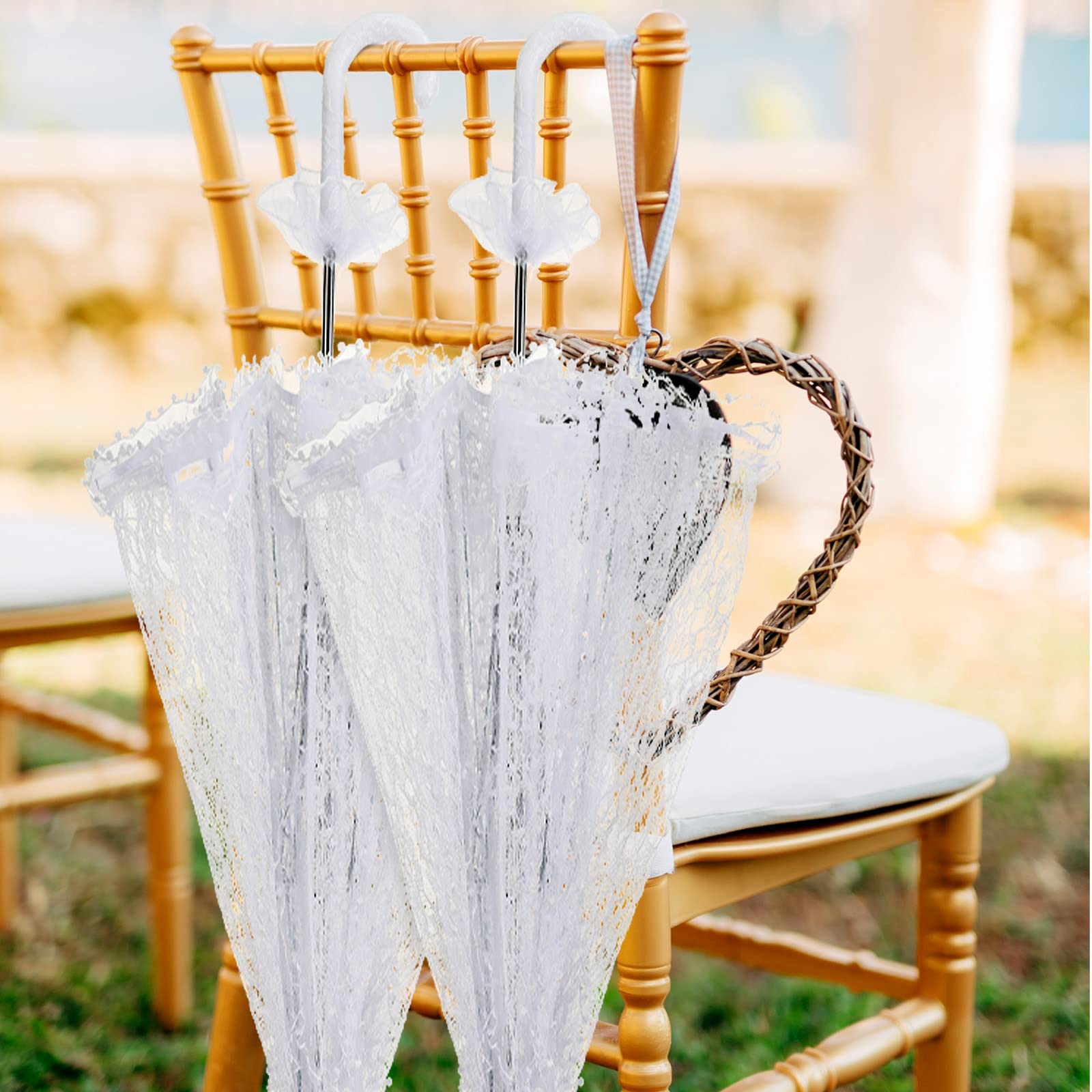 Amylove 12 Stück weiße Spitze Sonnenschirm Regenschirm Bulk Hochzeit Regenschirm für Brautjungfern und Braut Blume Foto Requisite Vintage Dekoration Damenkostüm 1920er Jahre Party und Teeparty