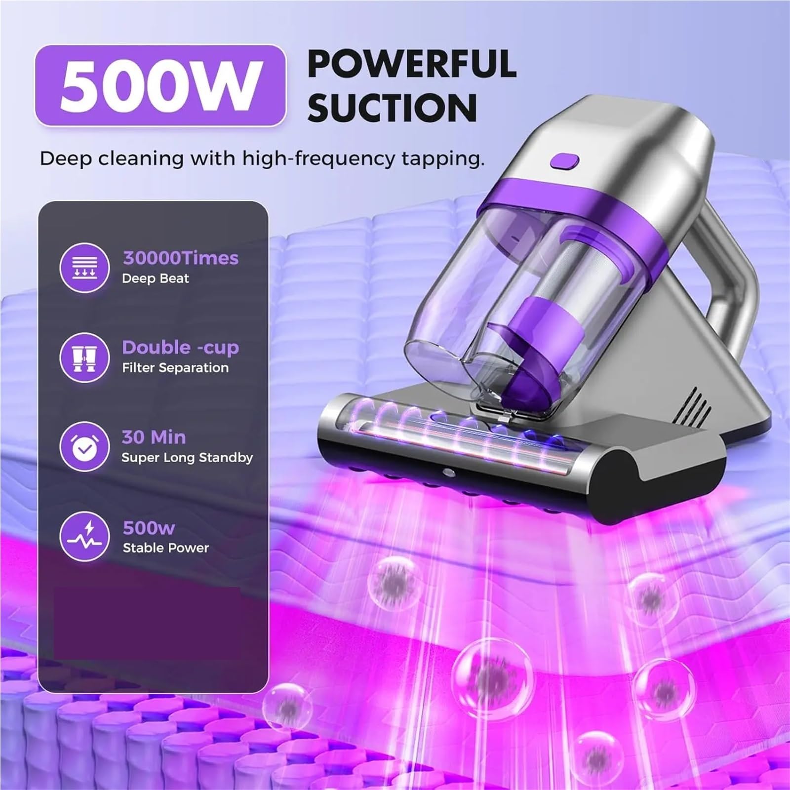 Aspirador de colchones, Aspiradora De Cama, Colchones con Ultrasonidos, Succión 16 KPa, Almohadas Y Alfombras, 500 W (con Cable) para Cama(Black)