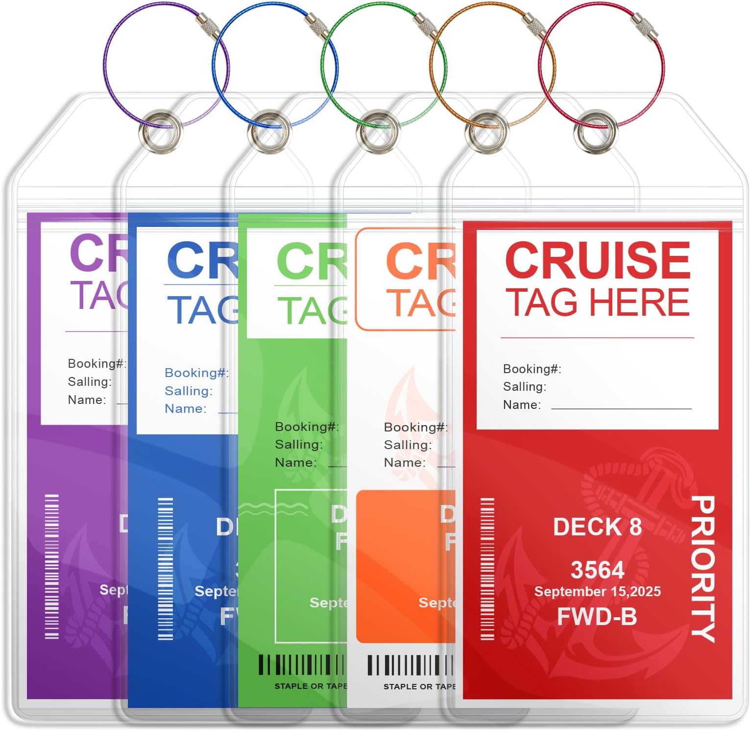 Meedo Cruise Luggage Tag Holders, 5 Pack Clear Tags with Zip Seal & Steel Loops, Fits Carnival, Princess, Norwegian, MSC Ships