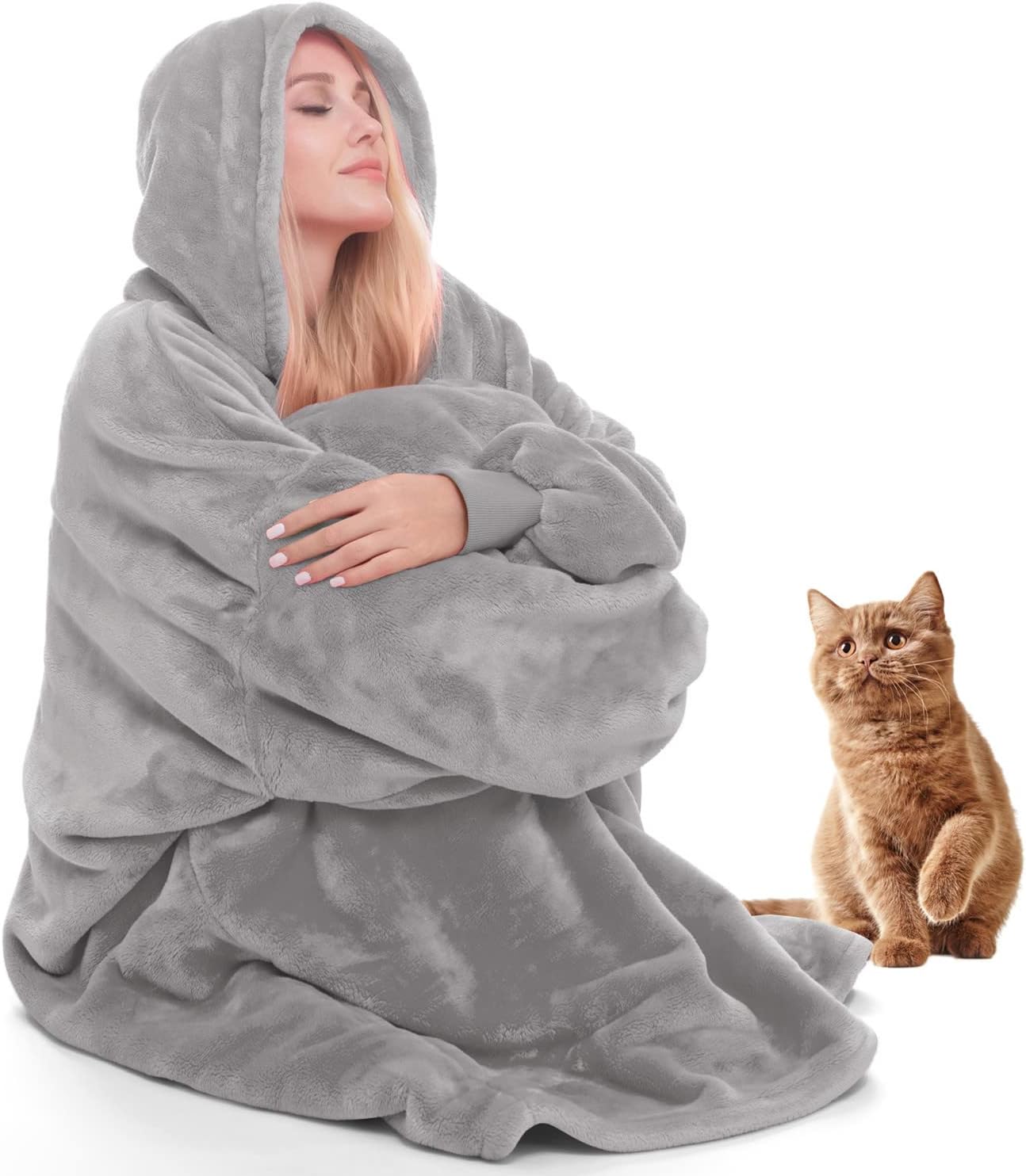 Daverose Oversized Wearable Blanket Hoodie for Women Men Adults, Fleece Hoodie Blanket Sweatshirt with Giant Hood & Pocket for Teens, Cozy Hooded Blanket as A Gift Indoor & Outdoor, Light Gray