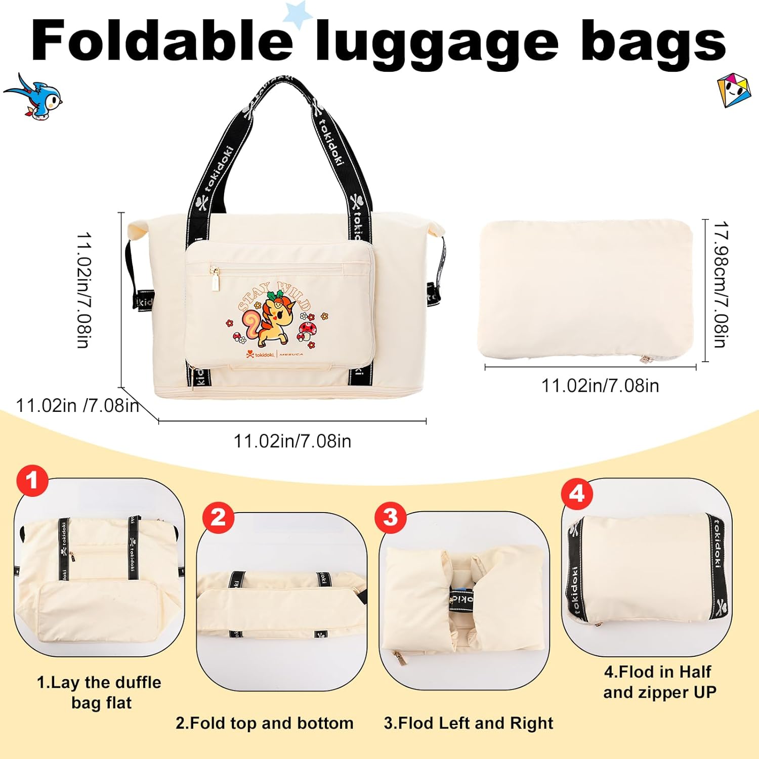 Tokidoki Travel Duffel Bag/Weekender Bag, 30L/40L Foldable Expandable Large Duffle Bag &Carry on Bag for Overnight, Weekend, Yoga, Gym, Business Trips, Sport and Hospital (Milk Blue)