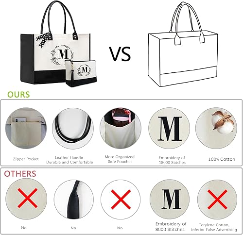 Miniatura 3 de BeeGreen Bolsas de lona con inicial, regalo de cumpleaños personalizado para mujeres, amigas, madre, mamá, bolsas de monograma bordadas con asa de