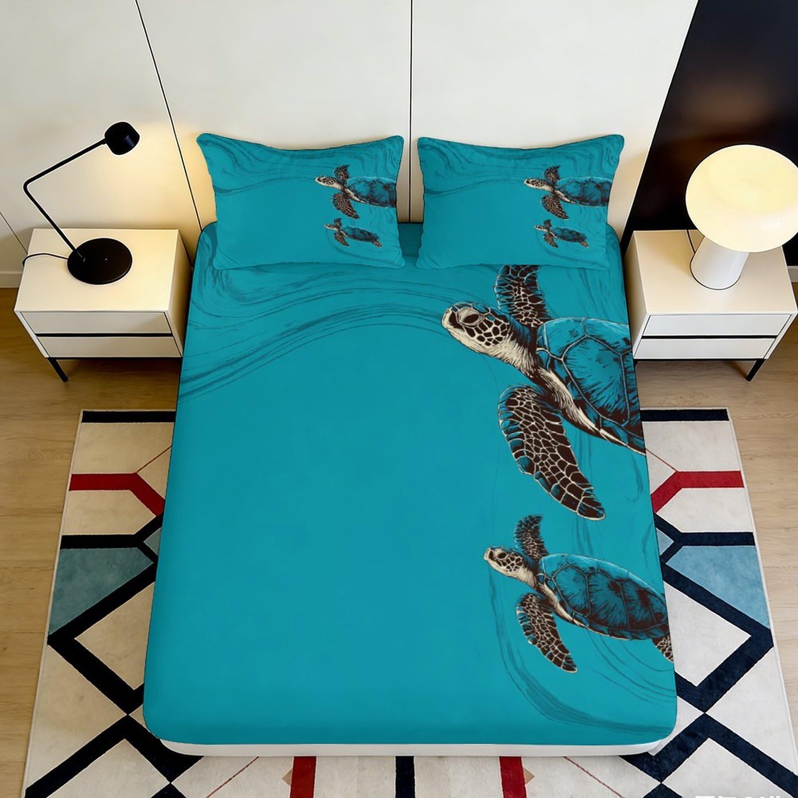 Decorative turquoise sea turtle Fitted Sheet, Microfiber soft touch, 3D Printed, wrinkle resistant, bedroom decor, apartment bedding, dustproof, machine washable 90x200x25cm