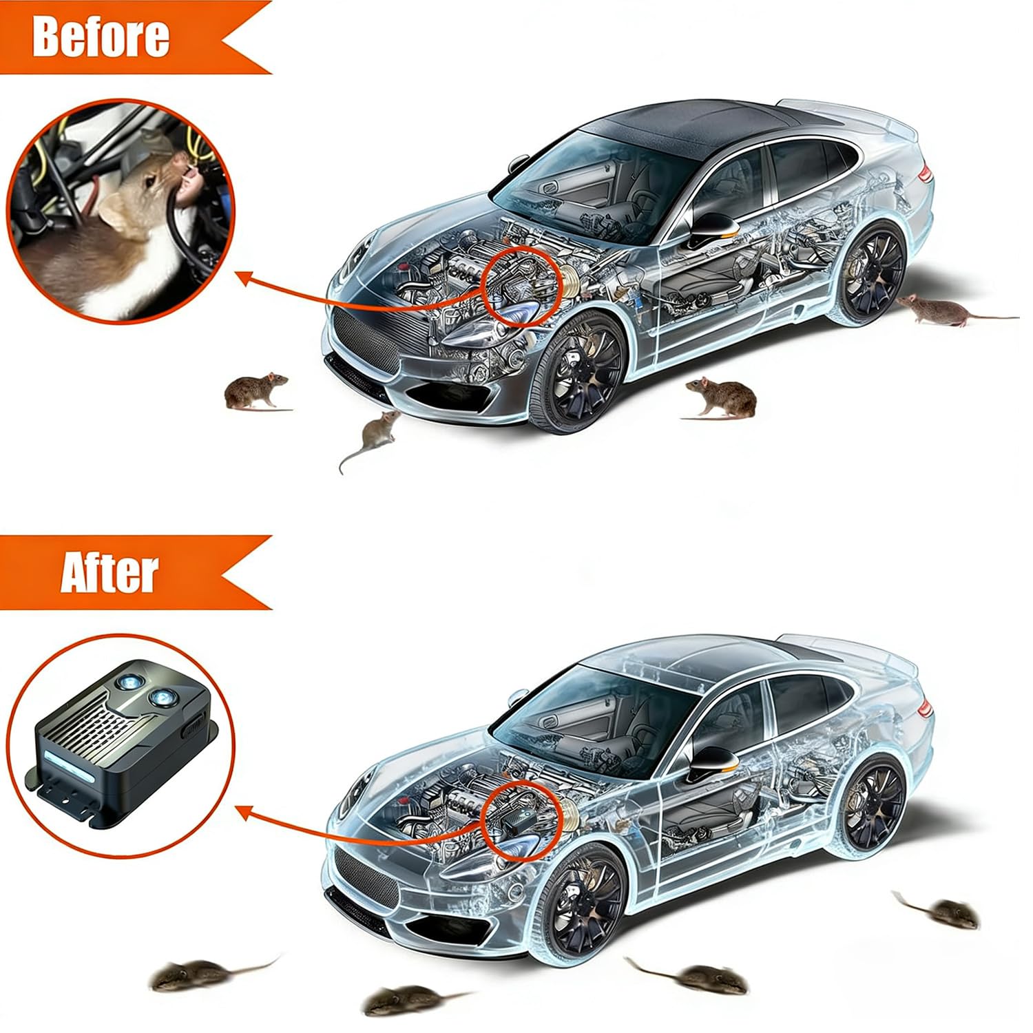 2X Repelente de Ratones para Bajo el Capó, con Flash y Alimentado por Baterías, Repelente Ultrasonico para Motor de Coche, Repulsión Efectiva para Alejar Ratones de Coches, Desváns y Graneros