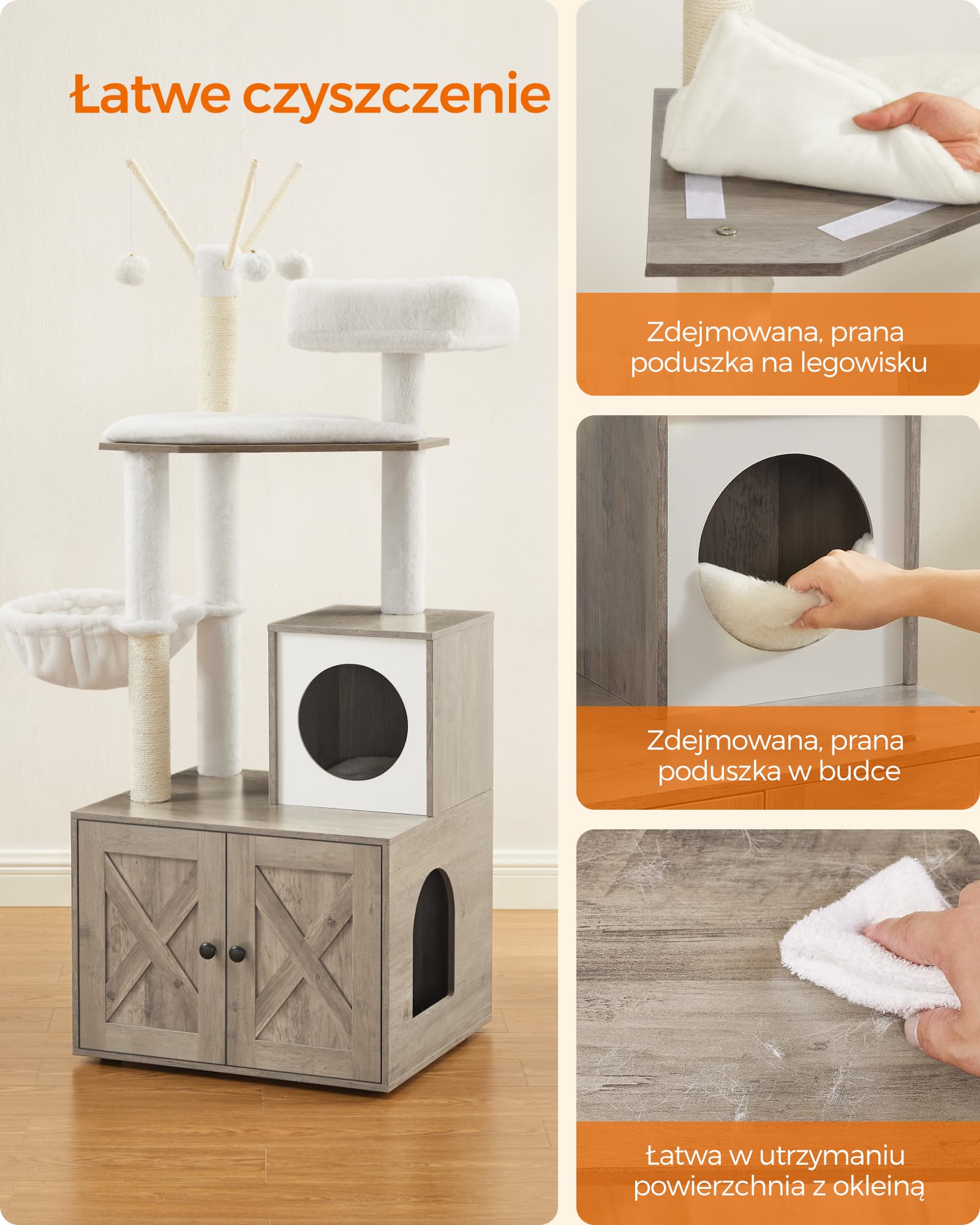 Feandrea PCT113G01 Drapak z szafką dla kota, 2 w 1, szafka na kuwetę dla kota, z pniami sizalowymi, zdejmowane kulki pluszowe, szarobeżowy, 151 cm wysokości