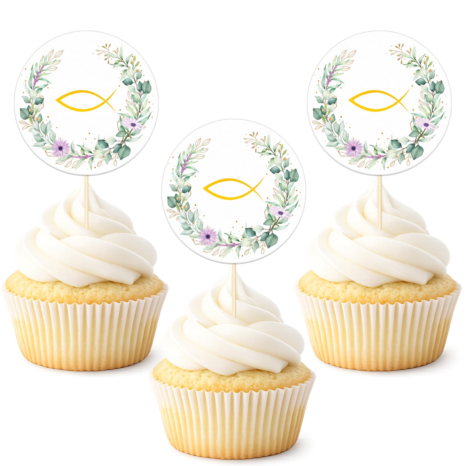 30 Stück Cupcake Topper, Fisch Eukalyptus Cake Topper Tortendeko Muffin Deko für Taufe Kommunion Konfirmation Firmung Mädchen Jungen