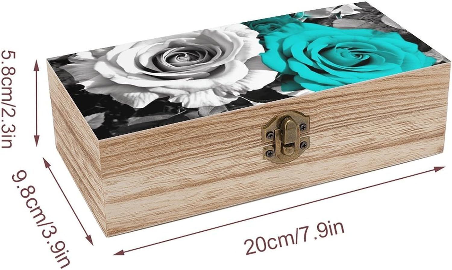 Black White Teal Gray Rose Flowers Wooden Storage Box with Hinged Lid image 2
