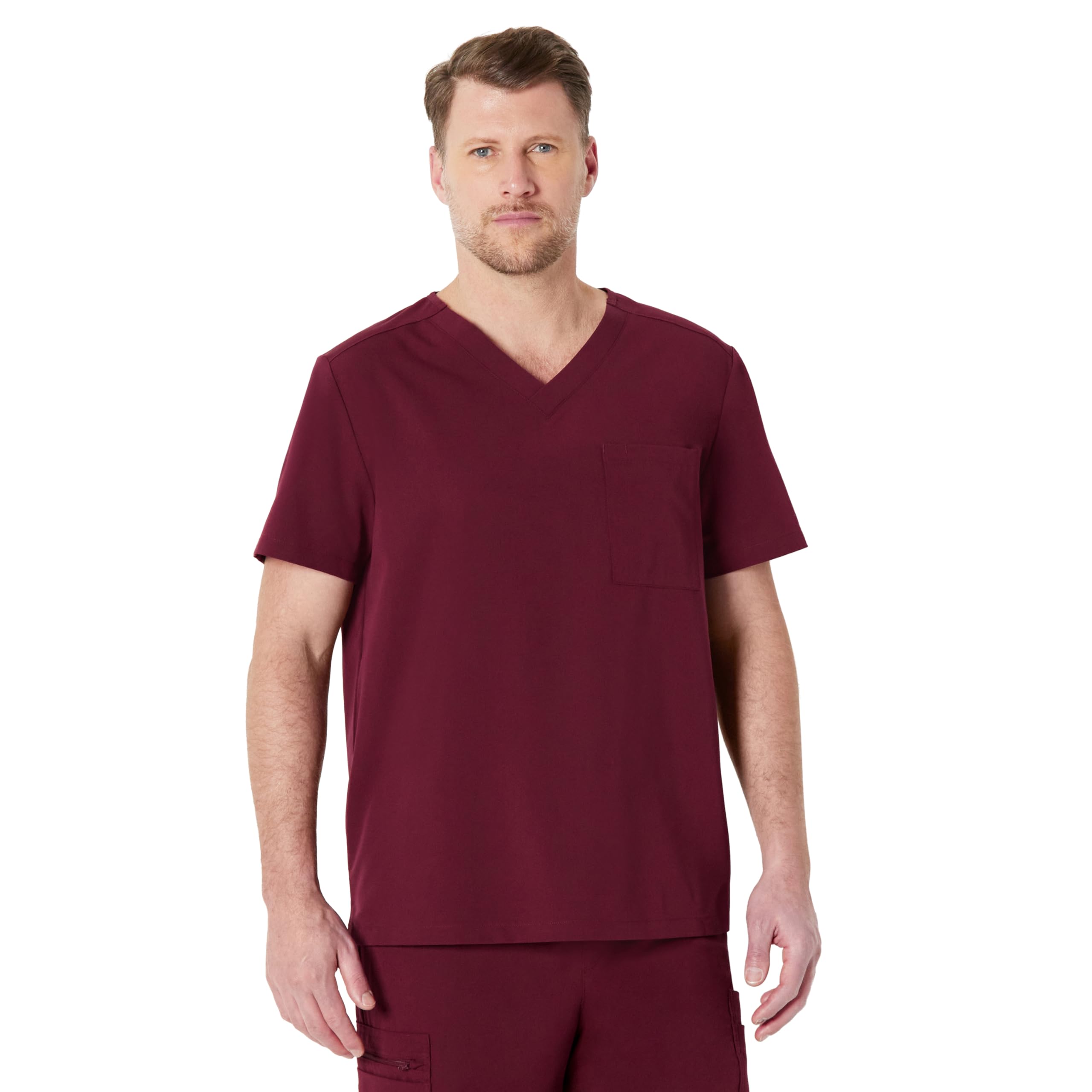 Amazon Basics Men's Scrubs V-Neck Top with Pockets, Burgundy, L