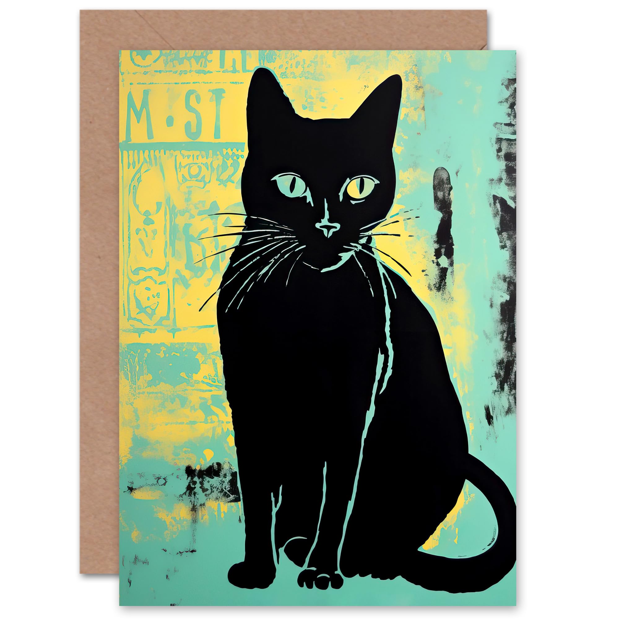 Artery8 Black Cat on Teal Blue for Him or Her Man Woman Birthday Thank You Congratulations Blank Art Greeting Card