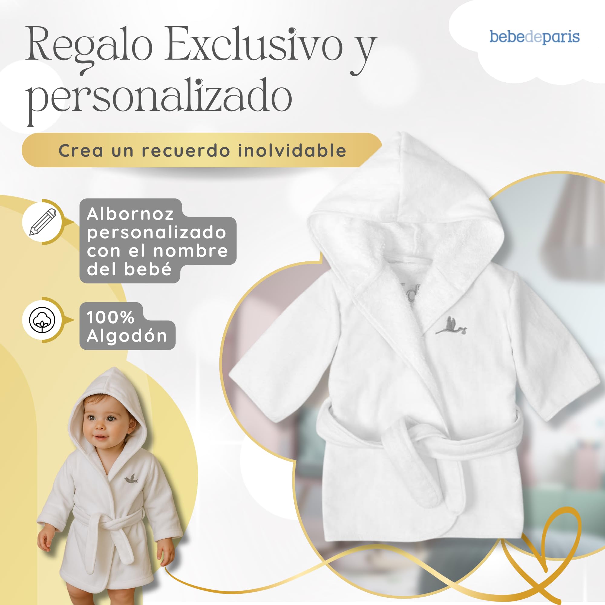 Peignoir de Bain Personnalisé Bébé 100% Coton avec Capuche et Ceinture