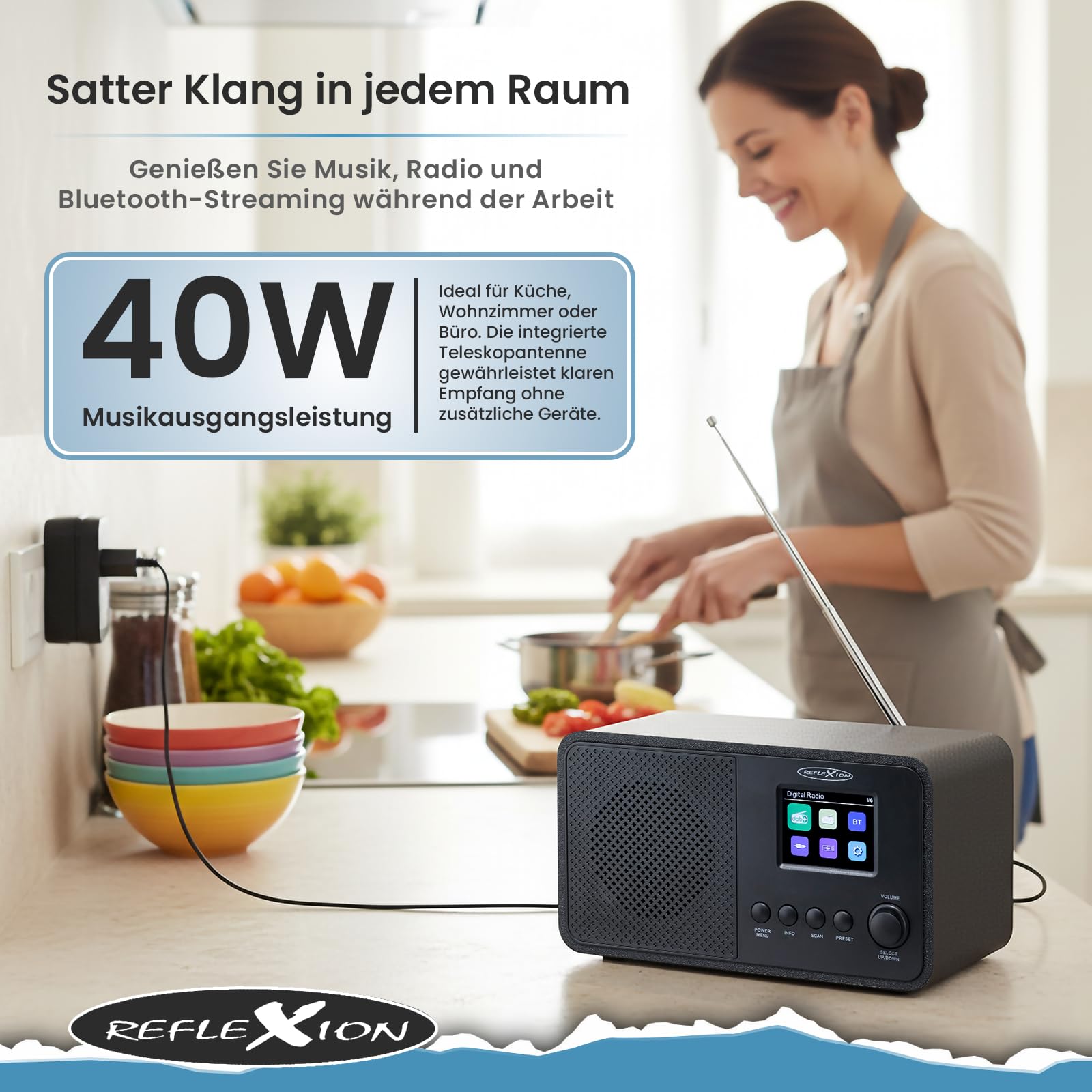 Reflexion Radio DAB+ con Bluetooth, sveglia e display a colori, radio digitale con USB, AUX-IN, antenna telescopica e 40 stazioni memorizzate, potenza musicale da 40 W, display TFT da 2,4", compatto e