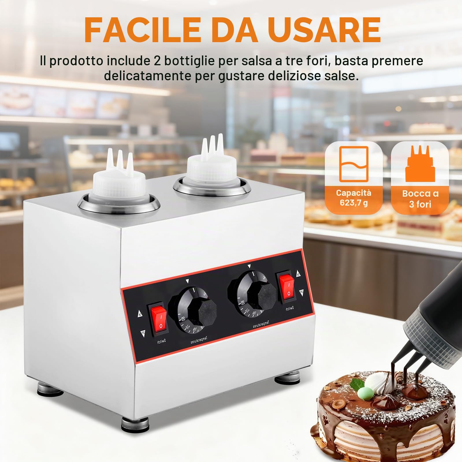 YUCHENGTECH Scalda Salsa Elettrico con 2 Bottiglie Temperatura 30-85 °C | Distributore di Salse in Acciaio Inox Scalda-salse Commerciale per Cioccolato, Formaggio, Ketchup e Caramello 320W