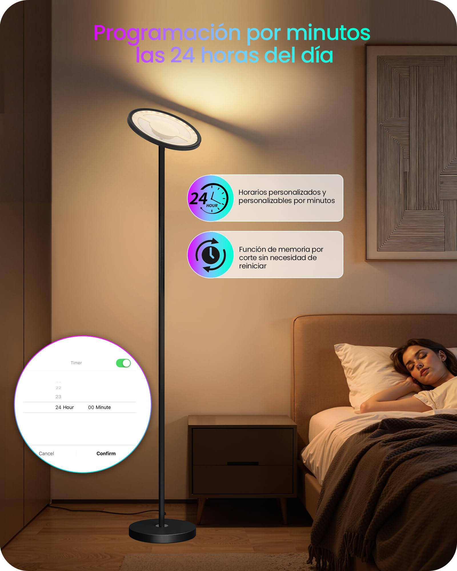 Lámpara de Pie RGB con Control por Aplicación y Voz, Compatible con Alexa, Sincronización Musical, Temporizador, Lámpara de Pie LED Inteligente, 30 W, Luz del 10 al 100%, para Salón, Negro