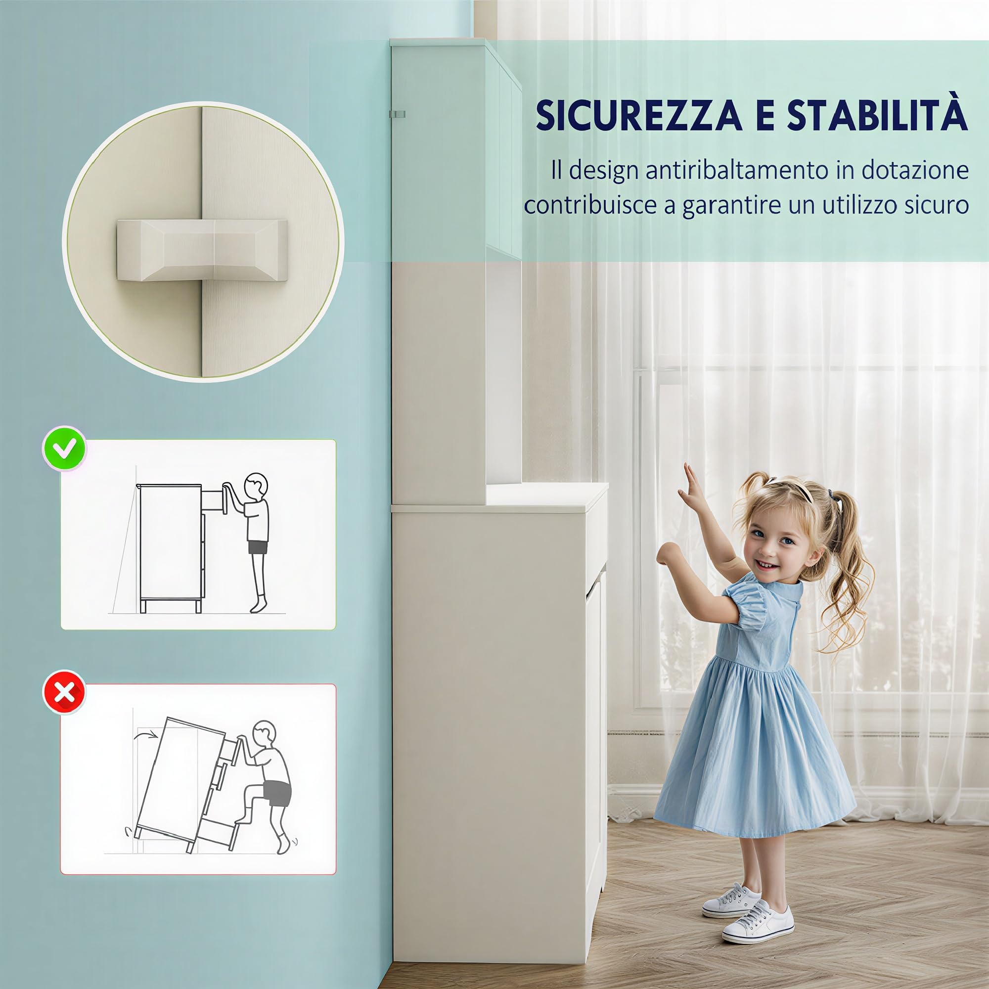 HOMCOM Credenza Cucina Alta con 6 Ante e 2 Cassetti, Mobile Cucina con Passacavi, Mobile Dispensa con Ripiani Regolabili e Piano per Microonde, per Sala da Pranzo e Soggiorno, 100x38x180 cm, Bianco