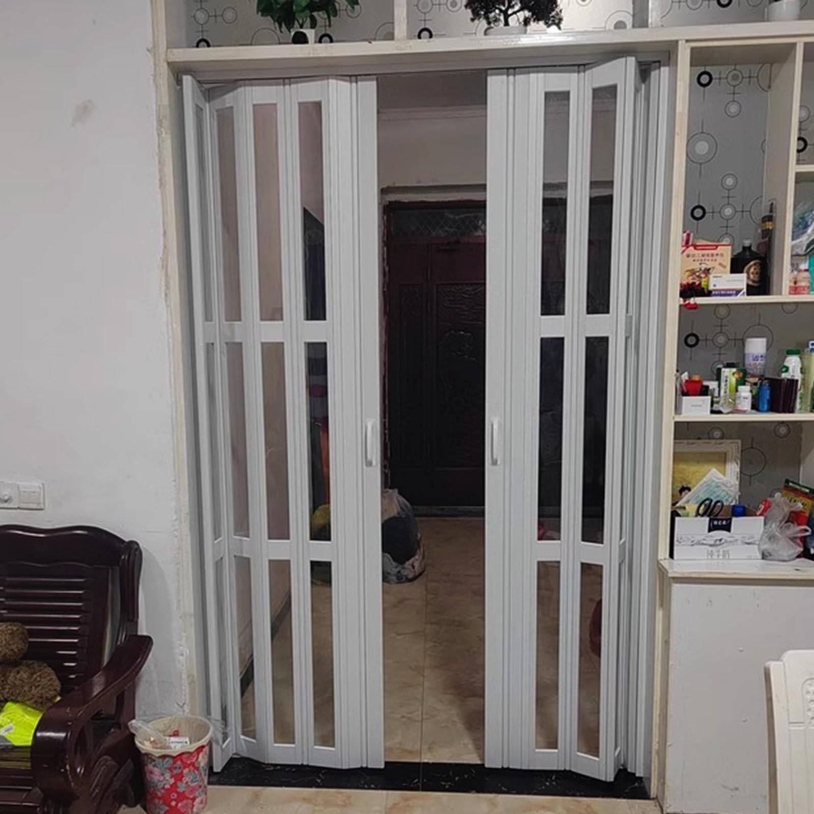 PVC Interior Foldable Door for Small Spaces, Bifold Doors for Kitchen Restrooms Living Room, Customizable Sliding Accordion Doors with Handles & Acrylic Glass(46x80in(117x203cm))
