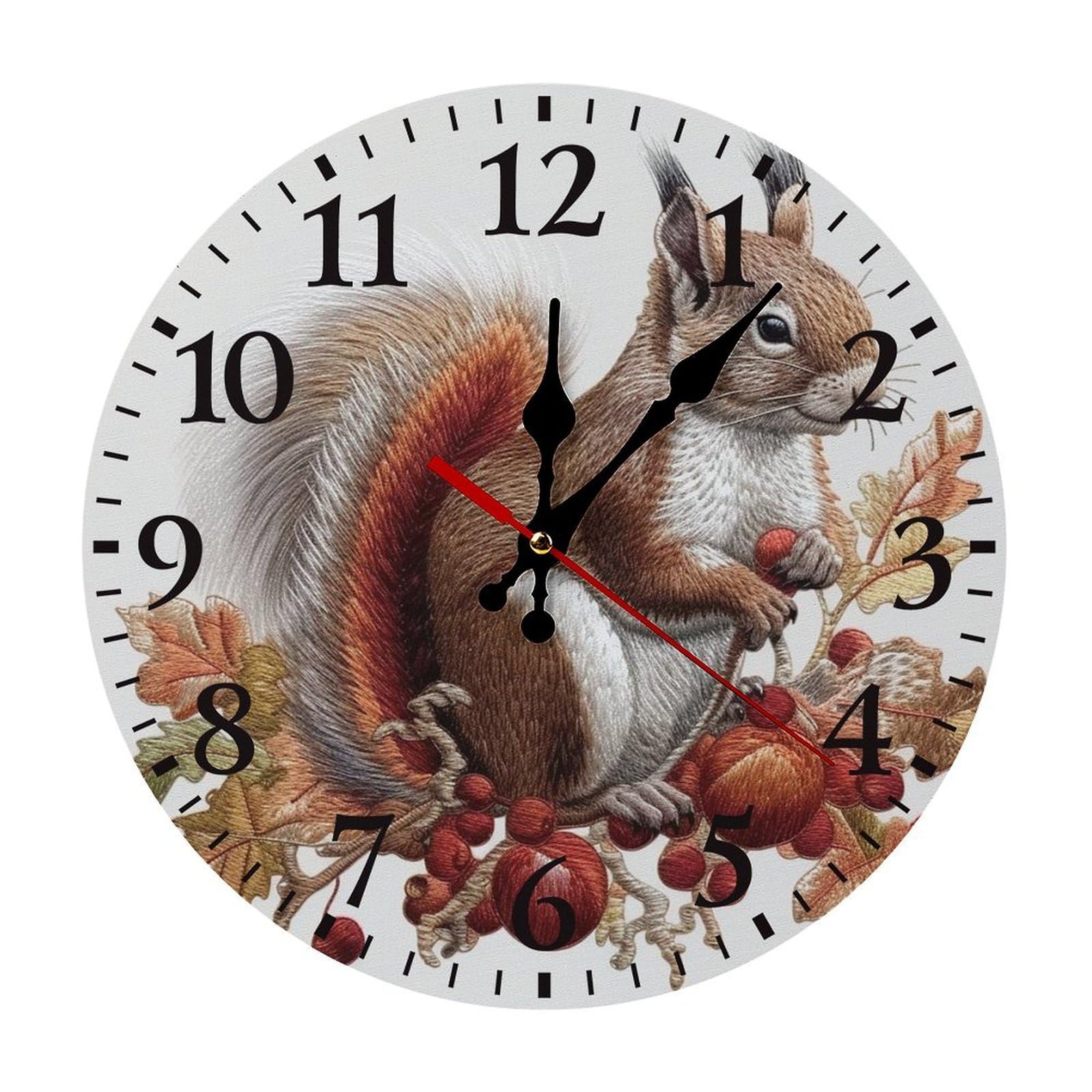 NTVOWPZO 10 Inch Wall Clock Leaves and Squirrel Battery Operated Wall Clocks Silent Non-Ticking Round Wall Clock for Living Room Kitchen Home Office Wall Decorative Clock