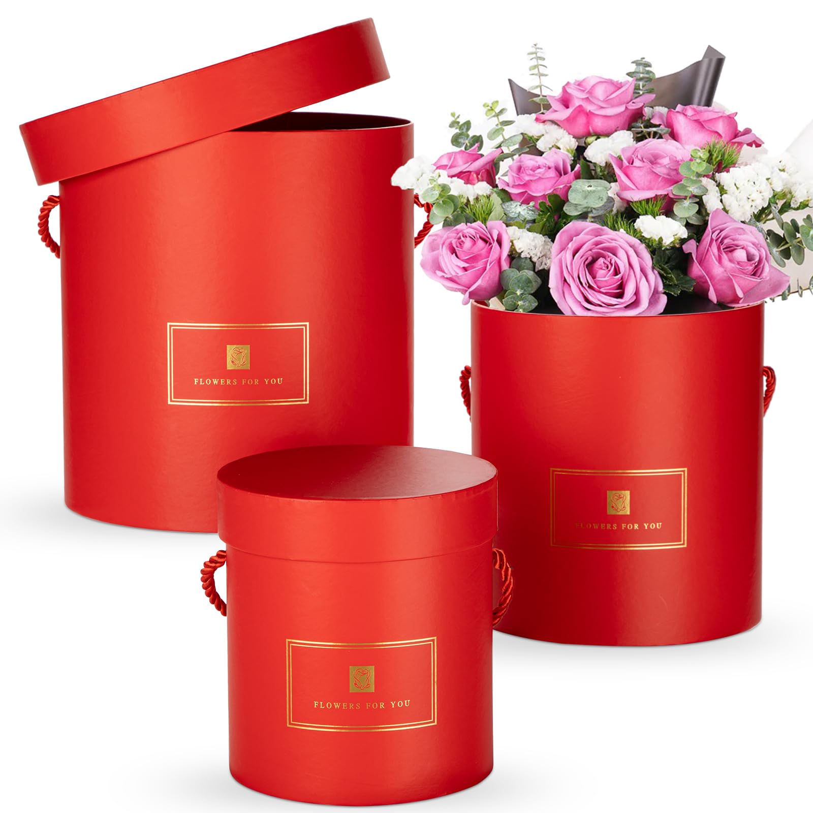 Oairse Set of 3 Round Gift Boxes with Lids and Handles Red Flower Boxes for Arrangements Decorative Hat Boxes for Gifts Weddings