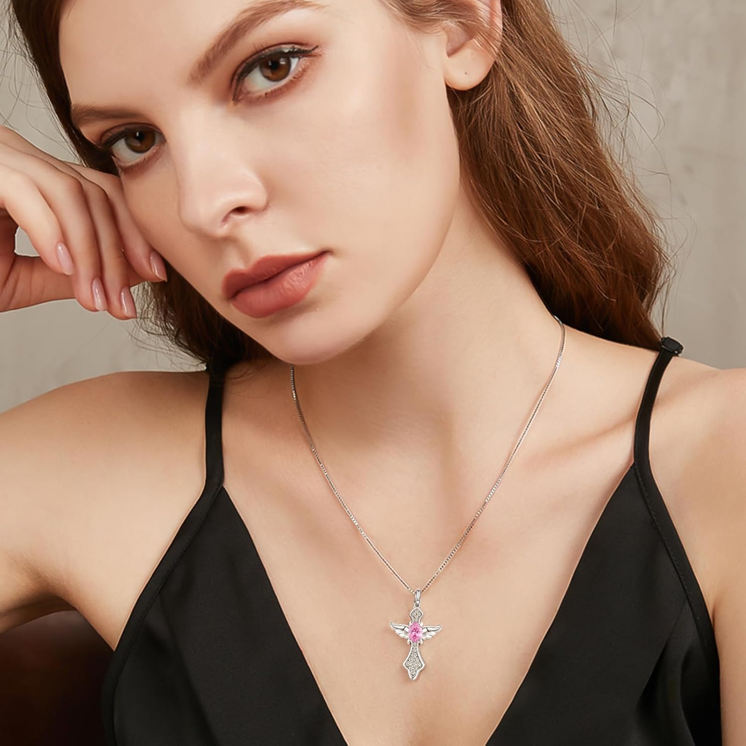 Angel Wing Cross Necklace for Women 925 Sterling Silver Gemstone Pendant Birthstone Religious Jewelry for Mom,Chain 18inch - Image 5