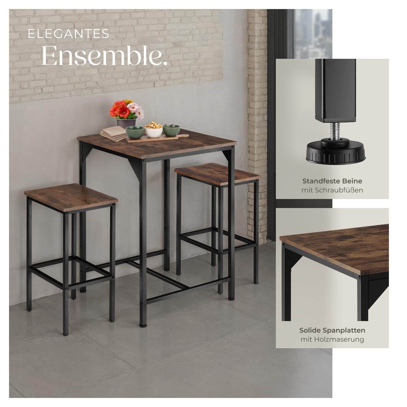 tectake® Bartisch Set 3-teilig, 1x Hochtisch mit 2X Barhocker, Essgruppe Industrial Style, Kaffeebar Möbel, Küchentisch mit Stühlen, Küchenmöbel, Wohnzimmer Möbel (Industrial Dunkelbraun)