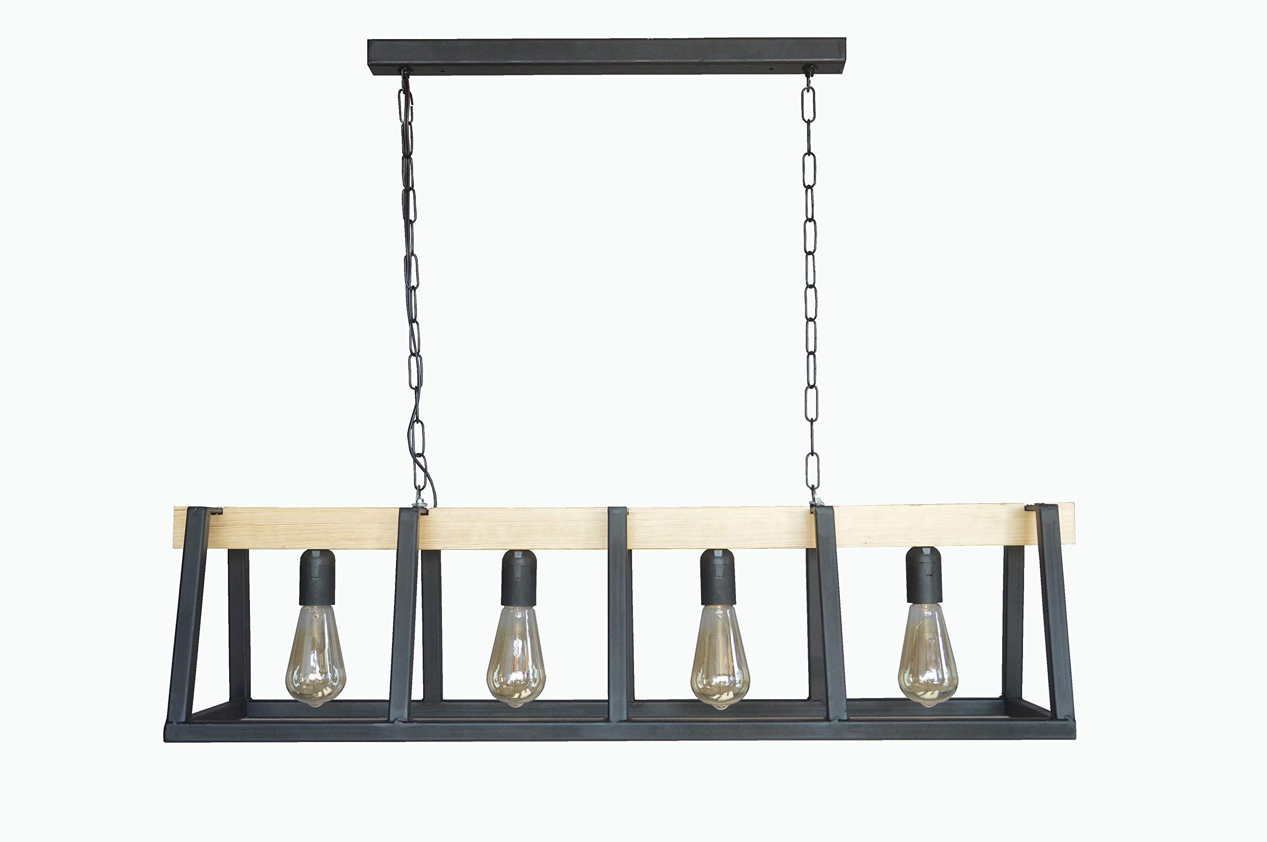 Handmade Modern Farmhouse Light Fixtures, Chandelier for Kitchen Island Rectangular Matte Black, Rustic Wood and Iron 4 Pendant Lights