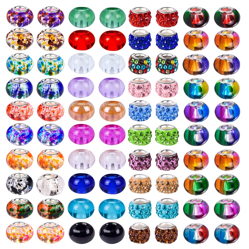 100 PCS Assorted European Beads with Copper Core Big Hole Glass Spacer No Copper Core Lampwork Colorful Beads Rhinestone Craft Beads for DIY Charm Bracelet Jewelry Making (Transparent Bicolor)