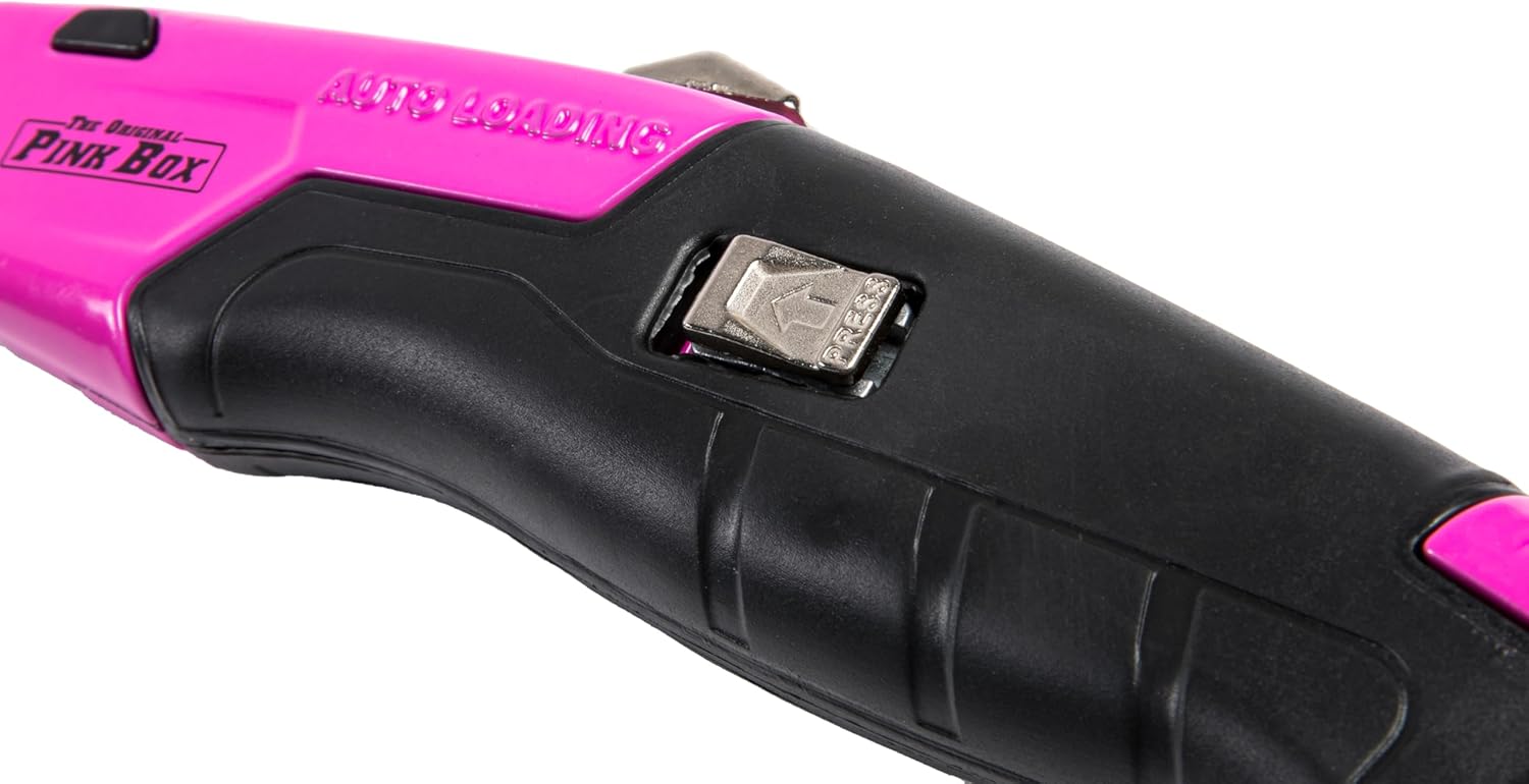 The Original Pink Box Auto-Loading Utility Knife, Pink | 3-Position Retractable Box Cutter with 5 Pre-loaded Blades