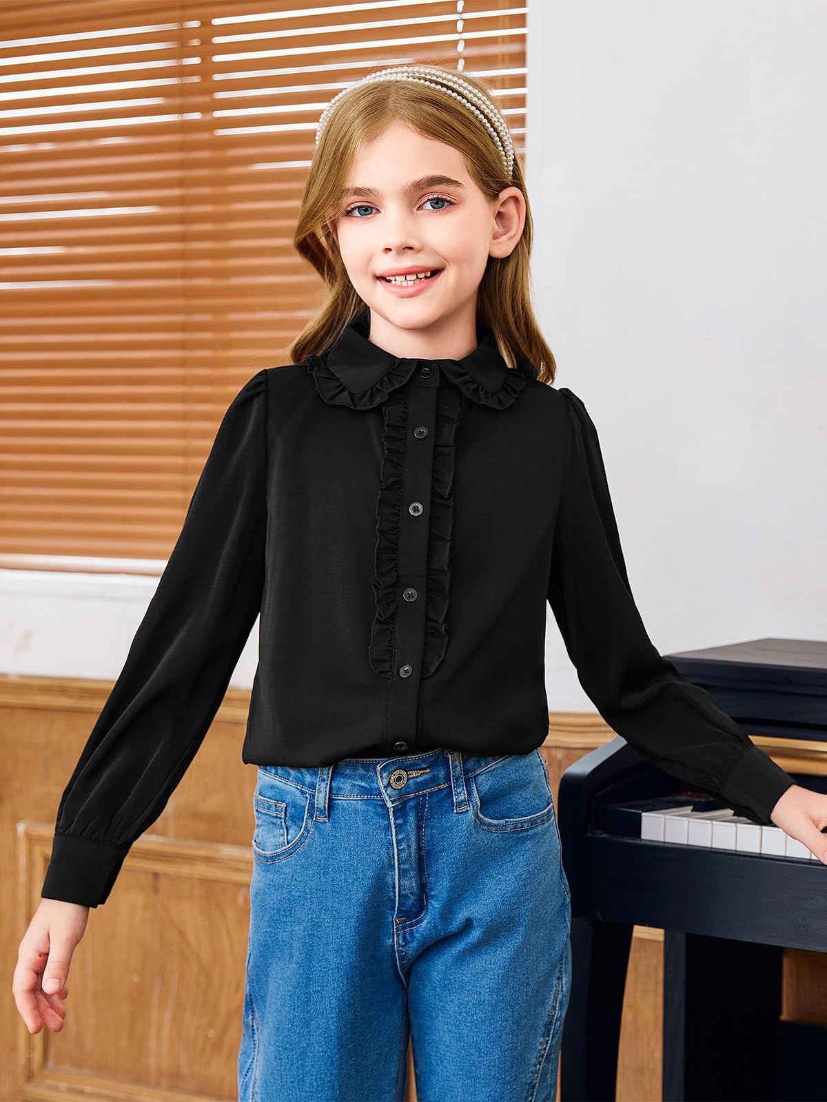 Haloumoning Camisa de manga larga abombada con cuello Peter Pan para niñas | Bonito volantes, cuello de muñeca de bebé, abotonado, blusa casual, tops de gasa suave, camisas de uniforme clásico