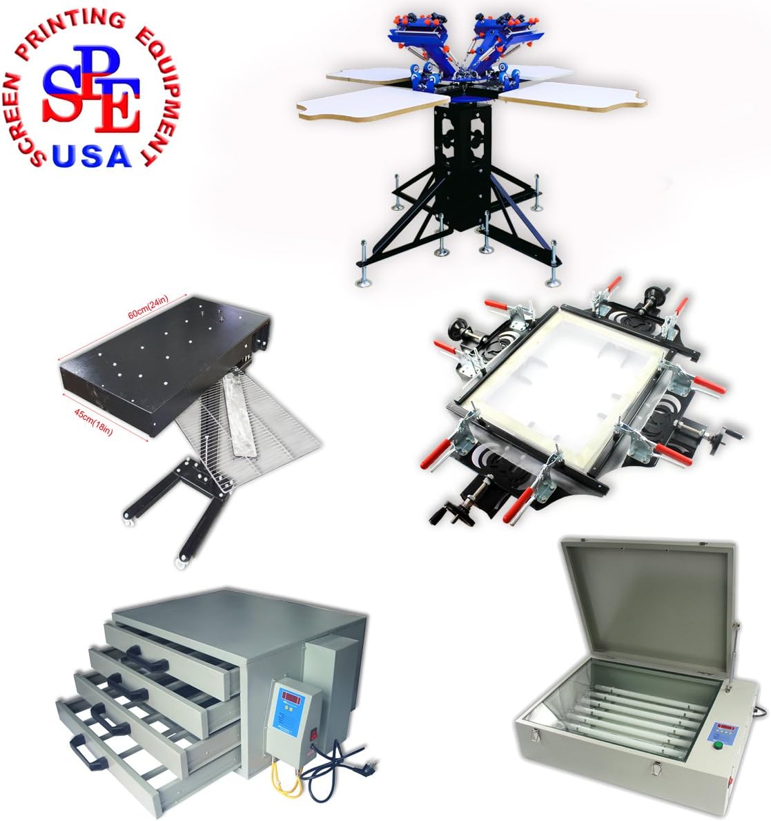 4-4 Color T-shirt Screen Printing Kit Screen Printing Equipment 110V 1800W Flash Dryer Exposure Unit Screen Drying Cabinet Manual Stretcher