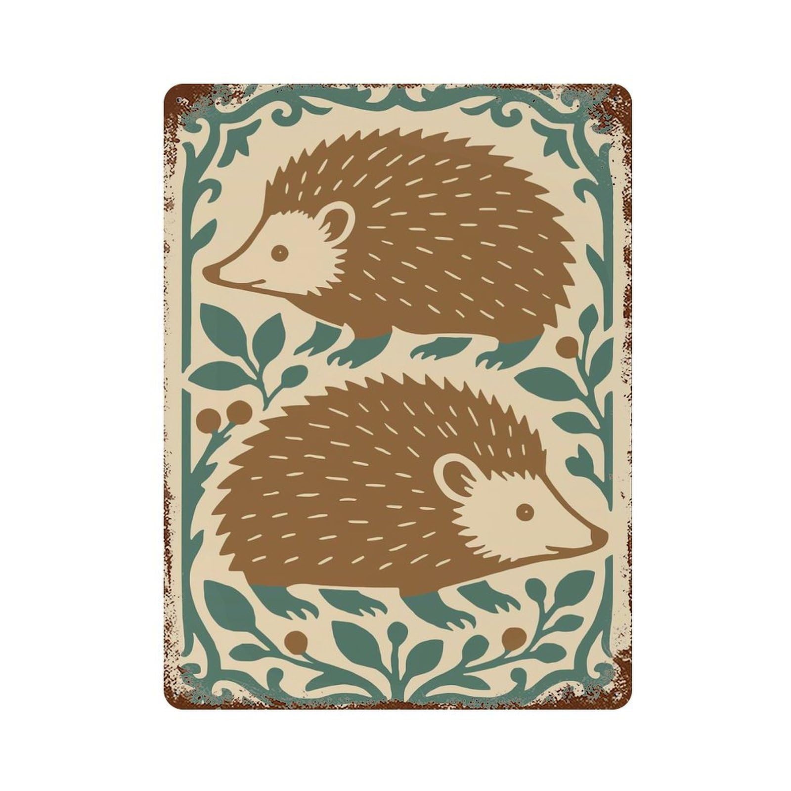 Garage Style Two Hedgehogs with Floral Border Illustration Rusty Metal Tin Sign 15.7"x11.8", Classic Wall Plaque for Bar And Workshop