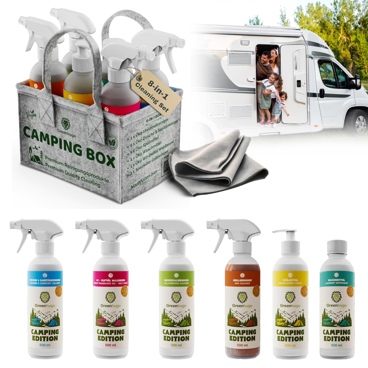 Camping Box – Juego de limpieza premium, 8 piezas, ecológico y vegano, uso general, detergente, limpiador de baño y aseo, detergente, limpiador de barbacoa, idea de regalo para campistas y