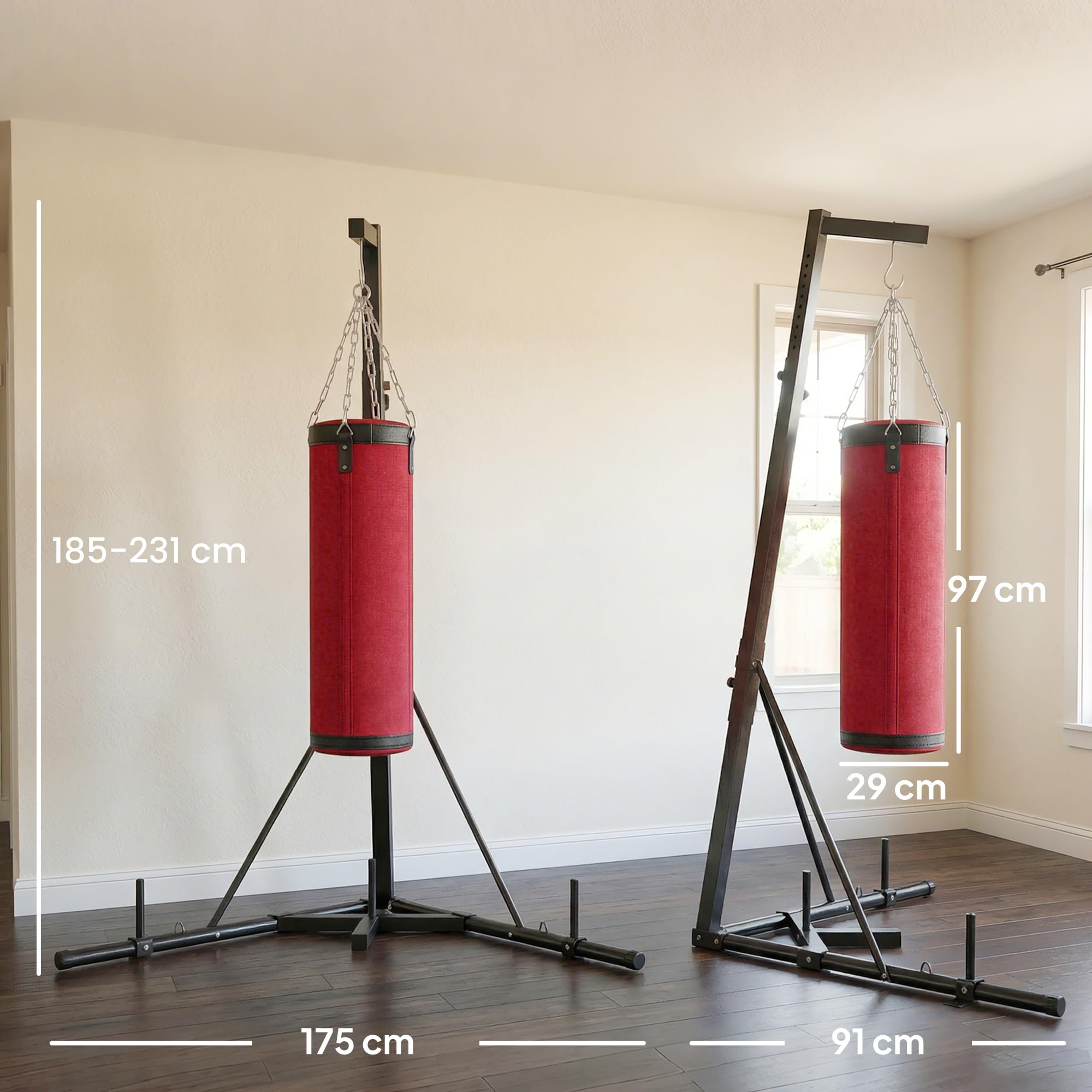 SPORTNOW Soporte para Saco de Boxeo de Pie de Acero, Soporte para Bolsa de Boxeo con Altura Ajustable 175–220 cm y 185–231 cm, Base Pesada y Bolsa de Arena, Entrenamiento para MMA, Gimnasio en Casa