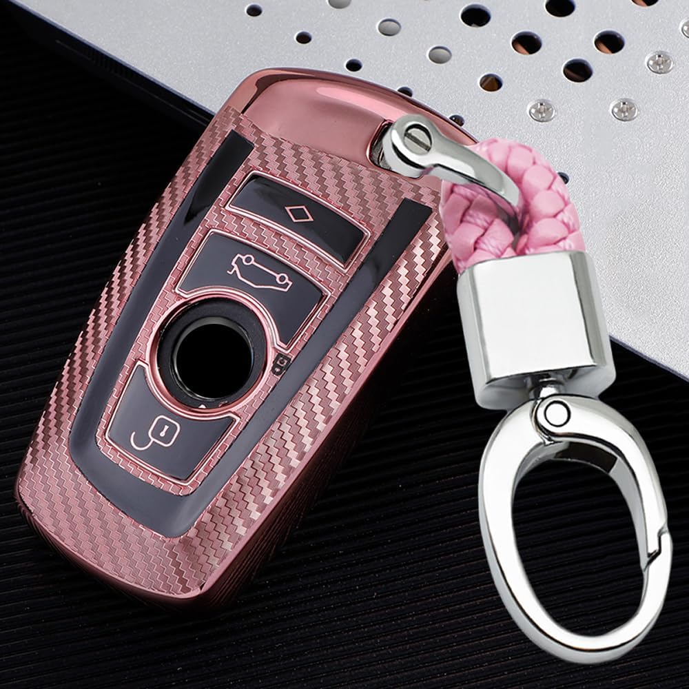 SANRILY Key Fob Cover for BMW 3 Series 5 Series X3 Keyless Remote Entry Key Holder Soft TPU Full Protection Key Case Shell with Keychain Pink
