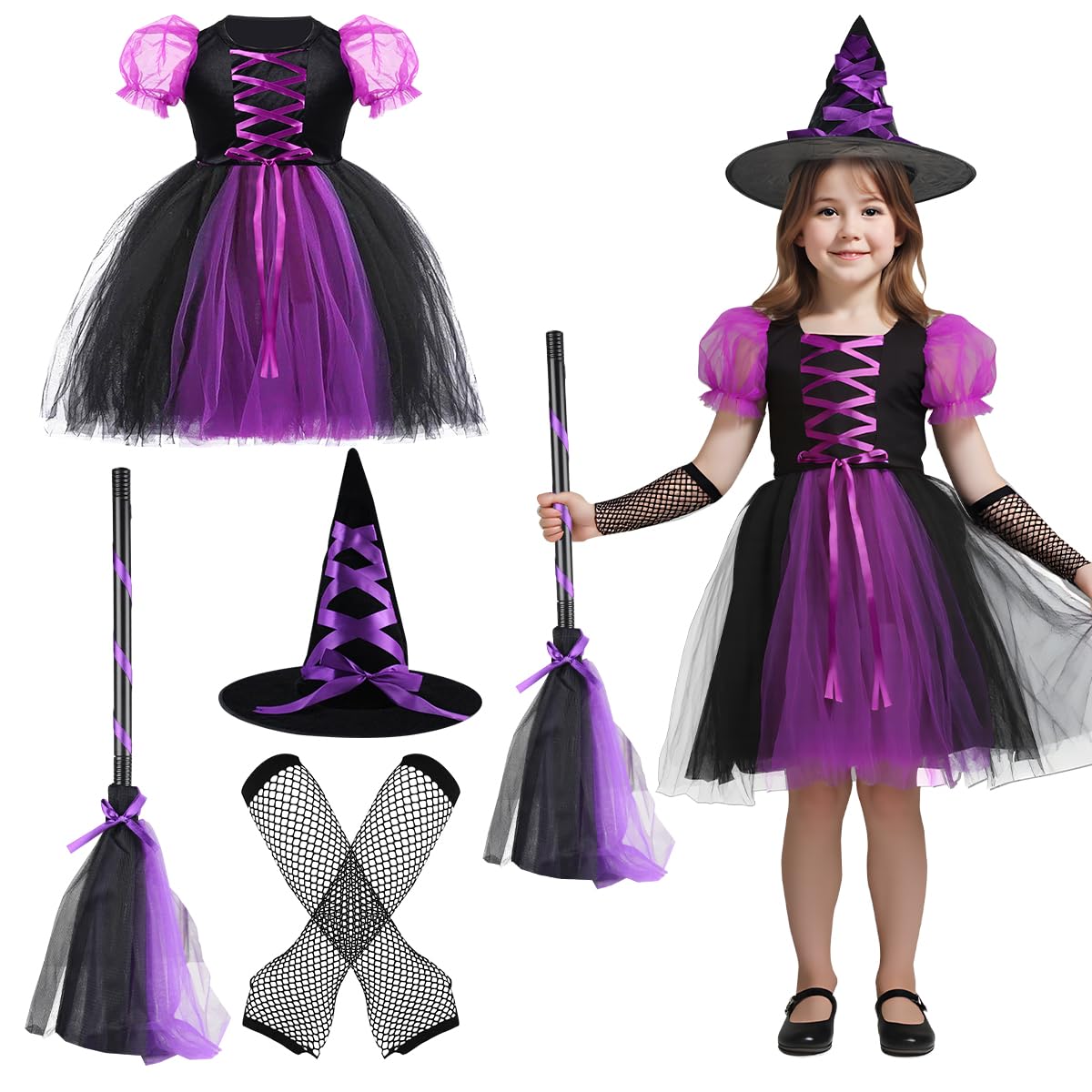 Déguisement Sorcière Fille Avec Lumières LED – Robe Tutu, Chapeau, Baguette, Lanterne – Halloween Et Fêtes