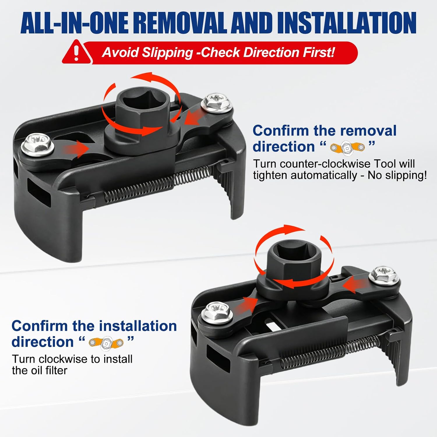 Universal Adjustable Oil Filter Wrench 2-3/8 to 3-1/8 inch (60-80mm) with Non-Slip Serrated Jaws, 1/2'' Drive Cap Style Oil Filter Tool Fits Small to Medium Spin-on Filters, UTVs, JetSkis